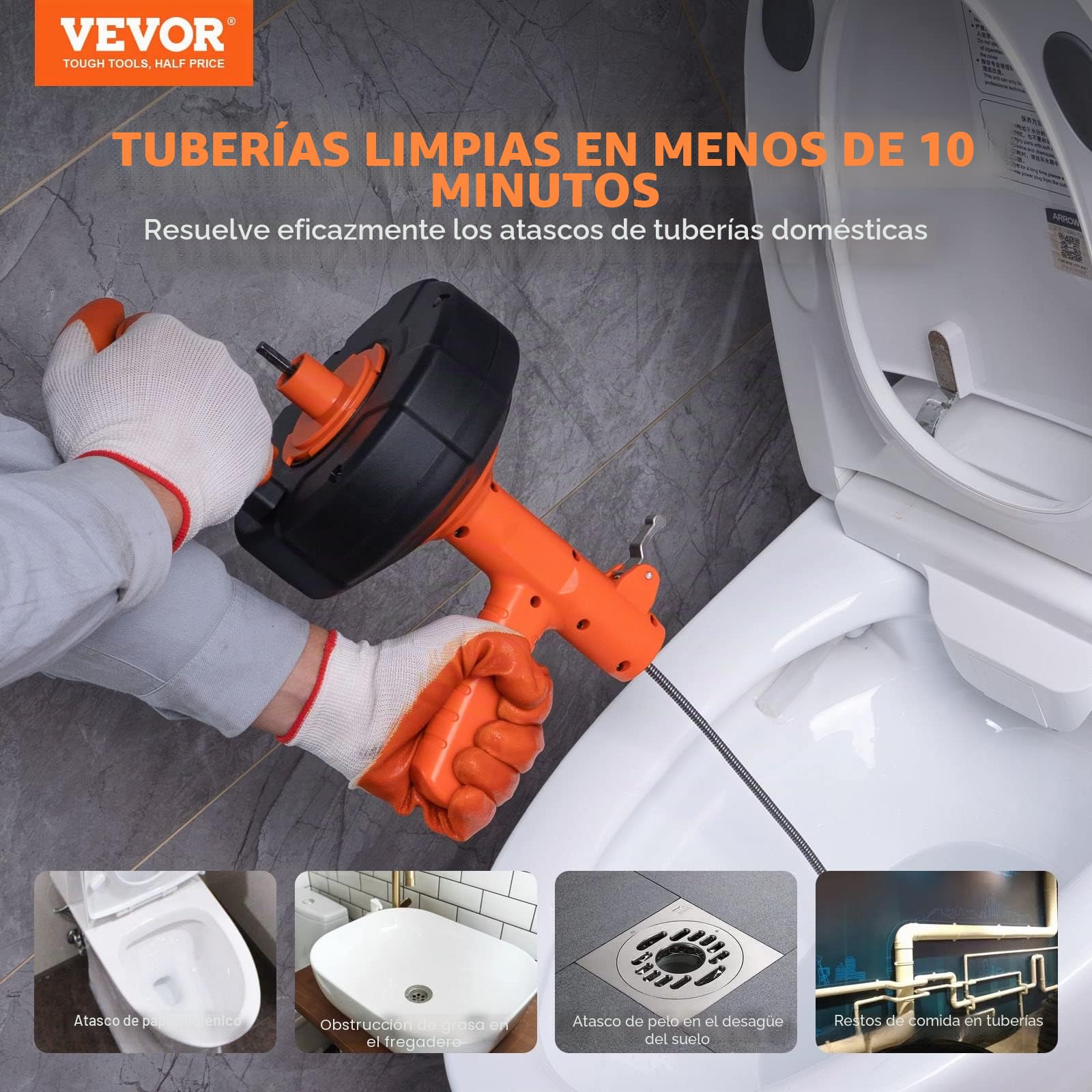 VEVOR Espiral de Limpieza de Tuberías 0,63x76,2 cm Cable de Acero de Resorte Limpiador de Drenaje de Alimentación Automática de Limpieza de Tuberías Limpiador de tuberías para Inodoros, Cocina, Baño