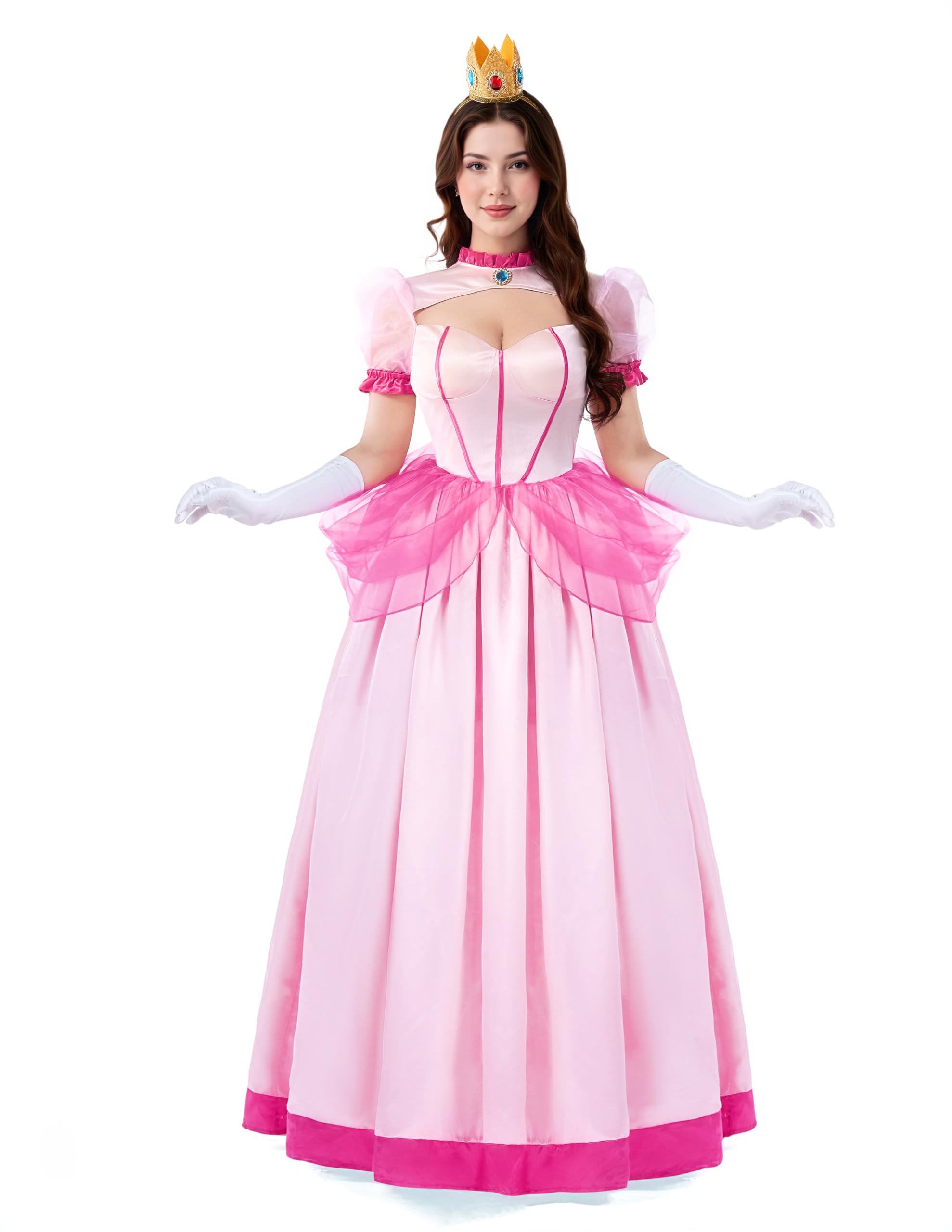 Spooktacular Creations Disfraz Mujer Vestido Rosa Melocotón con Guantes y Corona, Vestido Princesa para Disfraces Halloween Mujer 2024, Fiestas de Disfraces-S