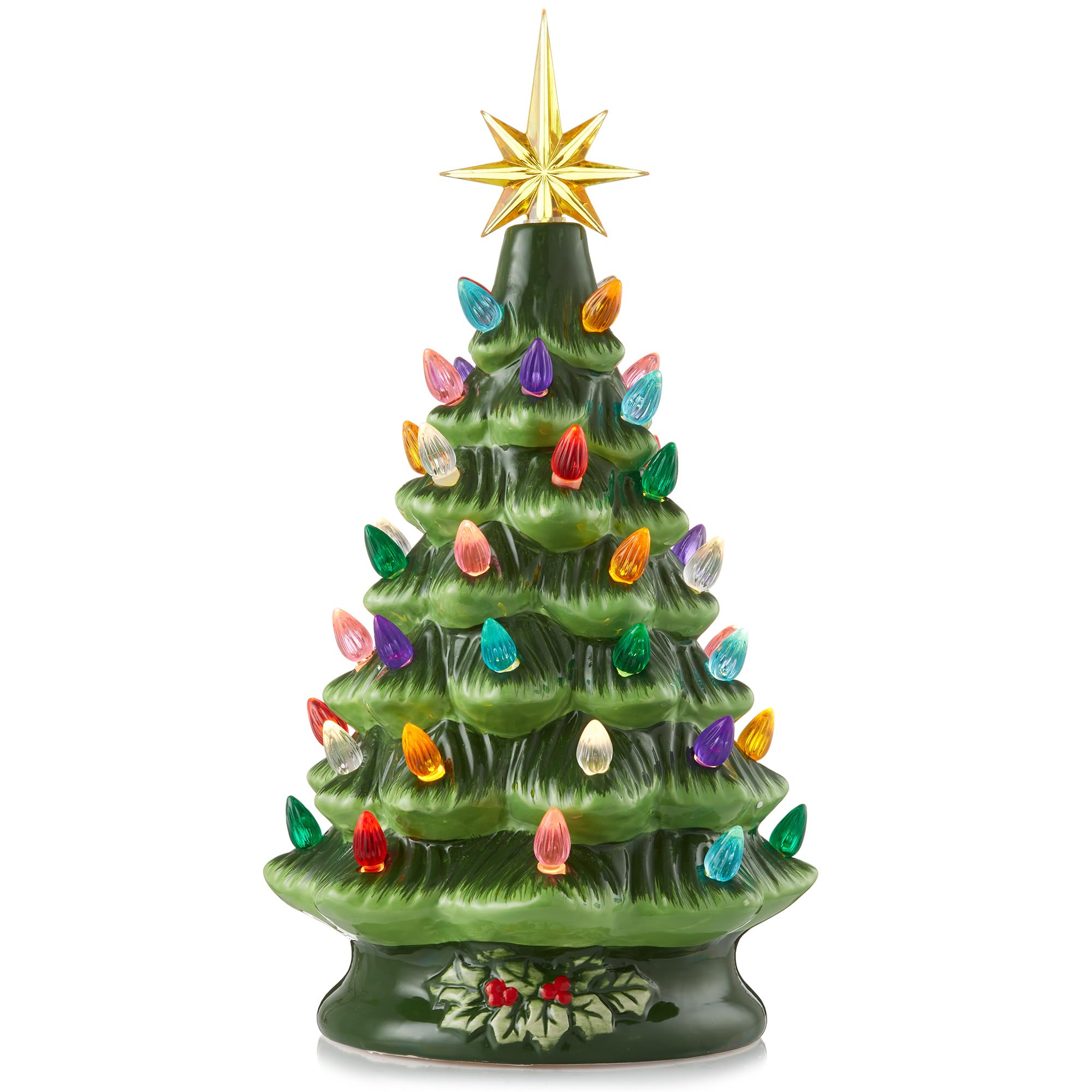 Casafield Handbemalter Keramik-Weihnachtsbaum, grün, 30,5 cm, beleuchteter Baum mit 100 mehrfarbigen Lichtern und 2 Sternaufsätzen