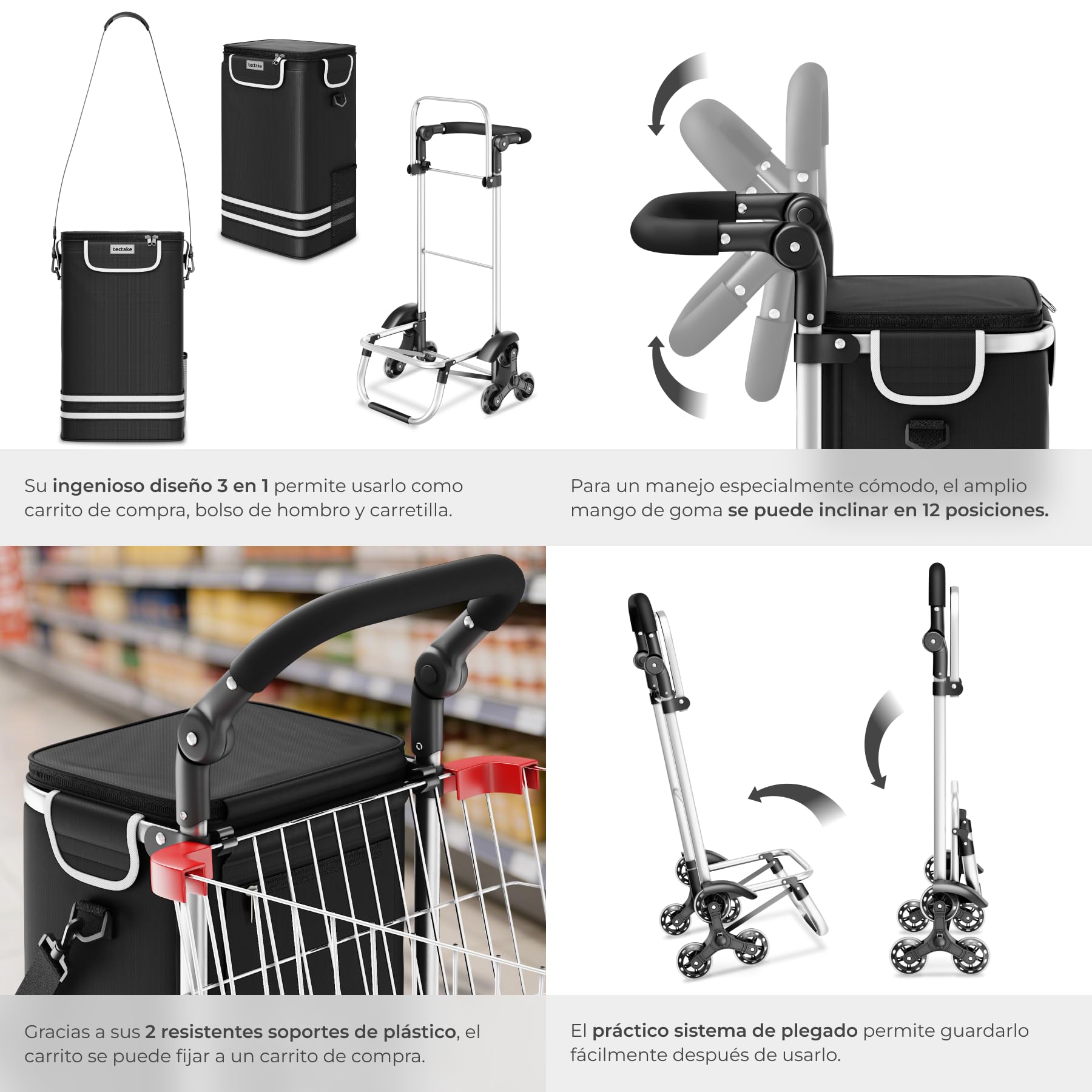 tectake® Carro de la Compra Plegable con Bolsa Termica, Carrito Compra 3 en 1 con 6 Ruedas, Capacidad 56L, Carro Plegable con Ruedas de Estrella para Supermercado y Viajes - Negro