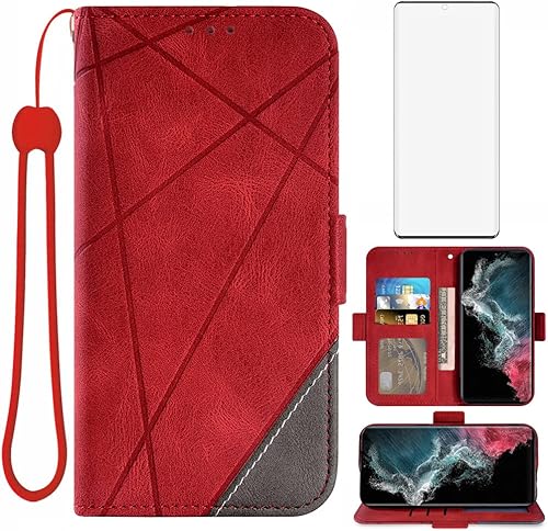 Asuwish Compatible con Samsung Galaxy S22 Ultra 5G Funda tipo cartera y protector de pantalla de vidrio templado, soporte de tarjeta de cuero,