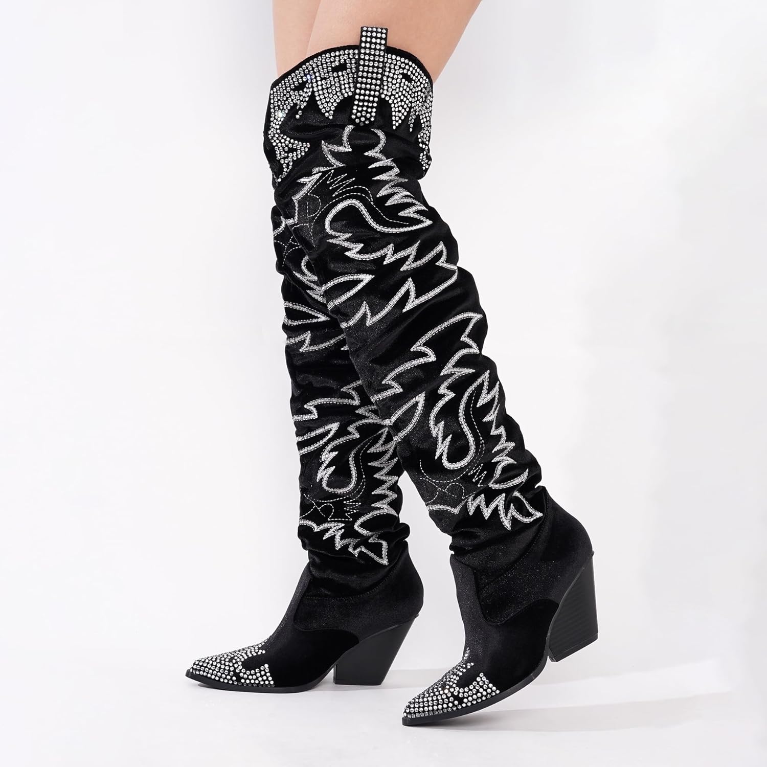 Cape Robbin Women's Rhinestone Embroidered Cowboy Boots Thigh High Slouchy Wide Calf Pull On Over The Knee Boots with Memory Foam Insole & 3 Inch Heel (Lish.a) - Image 4