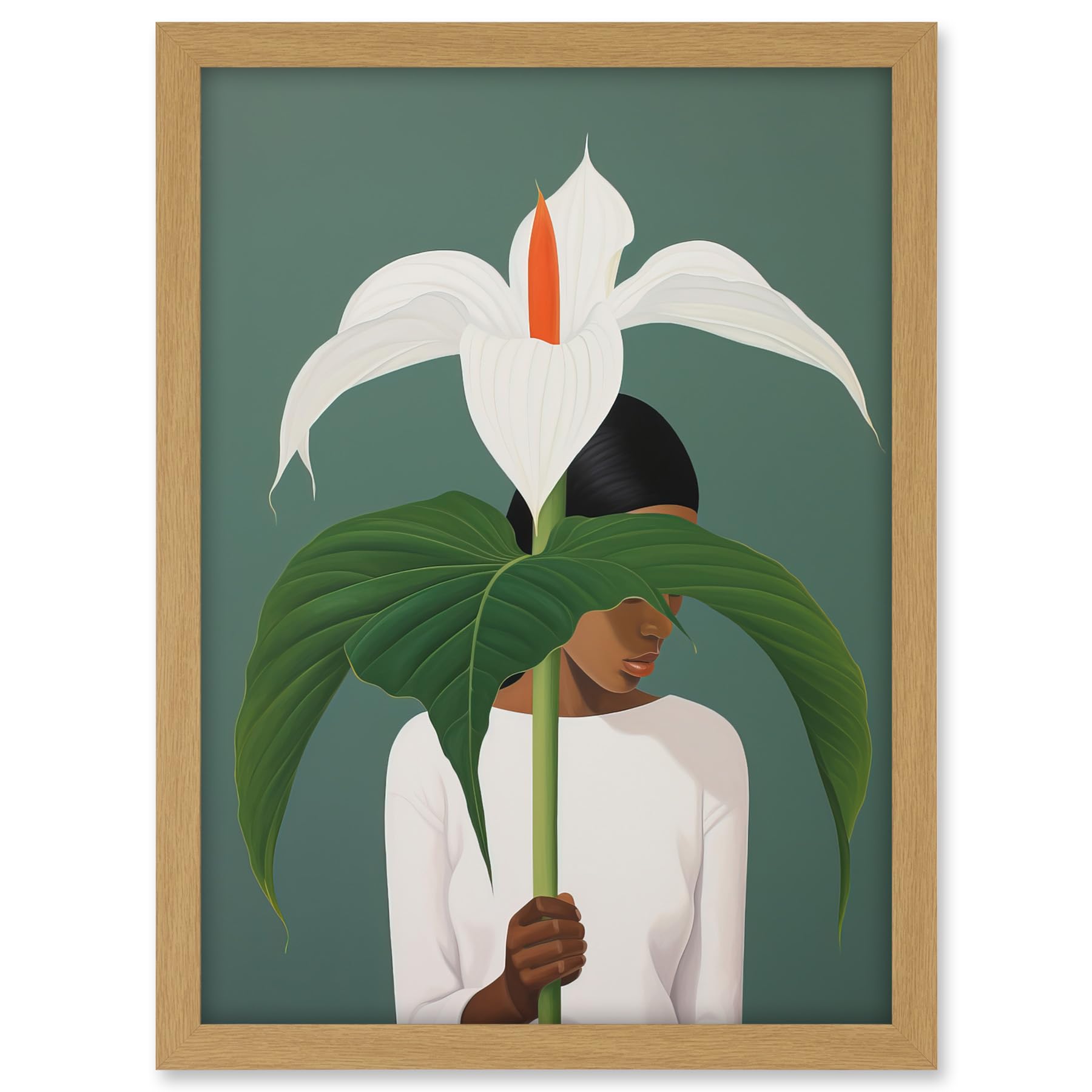 Artery8 Giant Peace Lily Showcase Realistic Oil Painting White Teal Green Woman with Flower Minimalist Artwork Framed A3 Wall Art Print