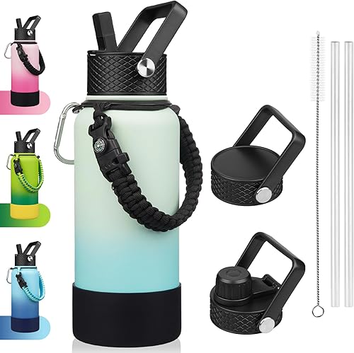 Miniatura 54 de BJPKPK Botella de agua aislada con tapa con popote, frascos térmicos de 22 onzas con 3 tapas, mango de paracord y bota antideslizante, vasos de