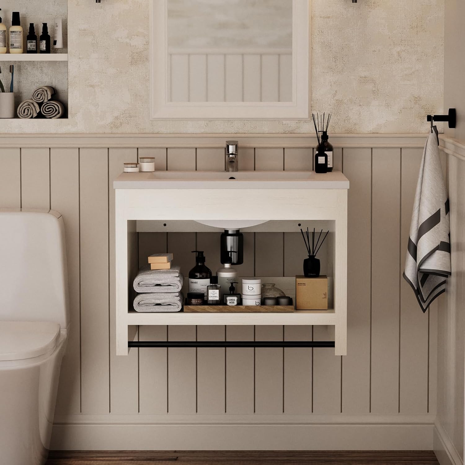 24 Inch Floating Bathroom Vanity with Sink, Wall-Mounted, Easy 1-Person Install, Waterproof & Sturdy, Antique White Open Shelf, Space-Saving for Apartment & Powder Room