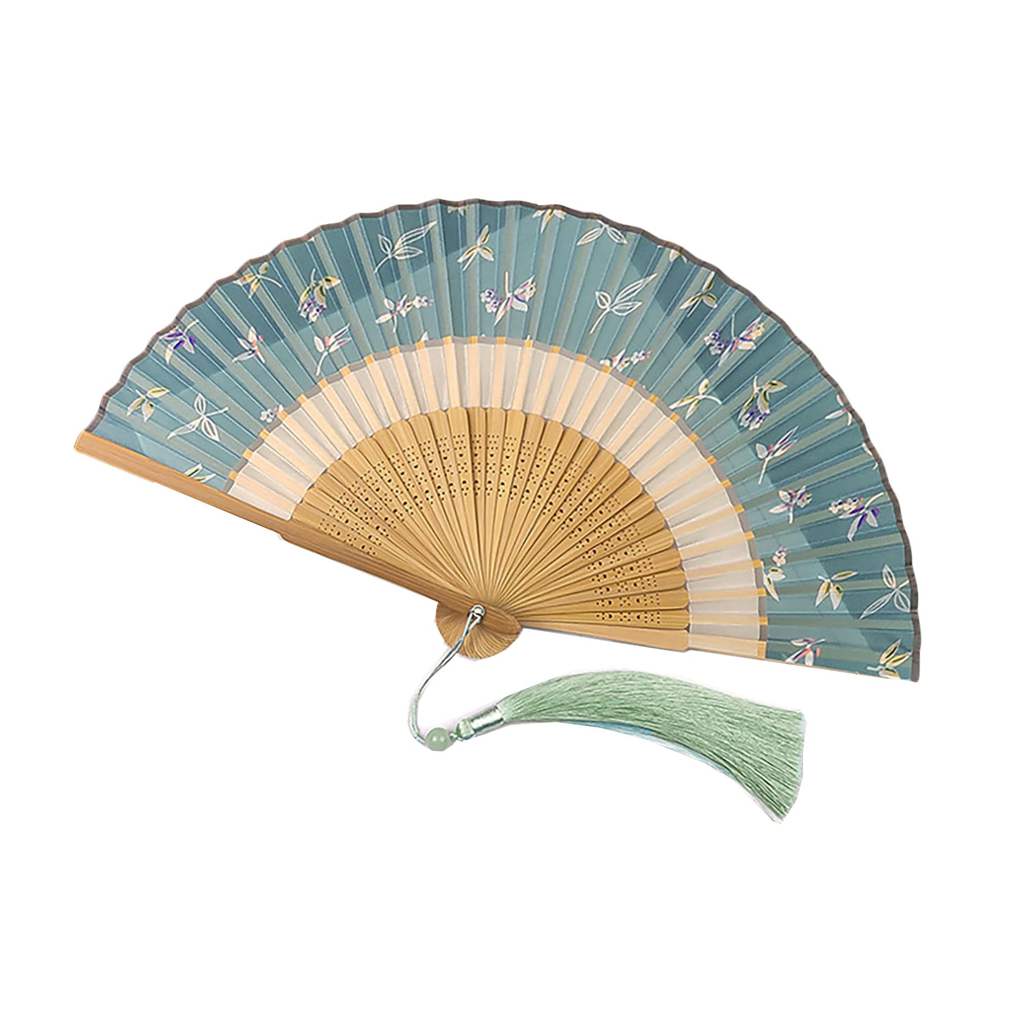 GFM® Bamboo Silk Handheld Folding Hand Fan for Summer, Wedding, Party Favour -Green-Floral-(MR-E) (FLSLK-F89-01)