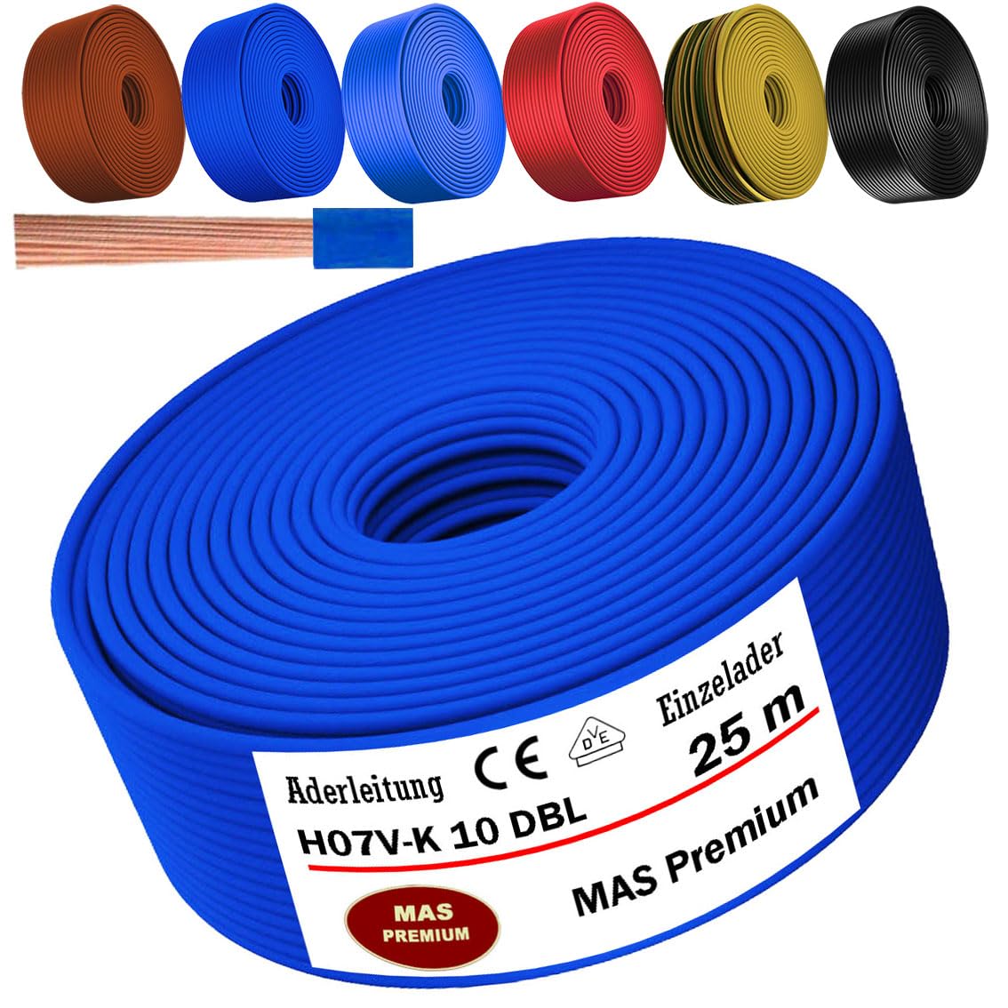 MAS Premium Przewód żyłowy od 5 do 100 m H07 V-K 10 mm², czarny, brązowy, ciemnoniebieski, zielono-żółty, jasnoniebieski lub czerwony, elastyczny (ciemnoniebieski, 25 m)