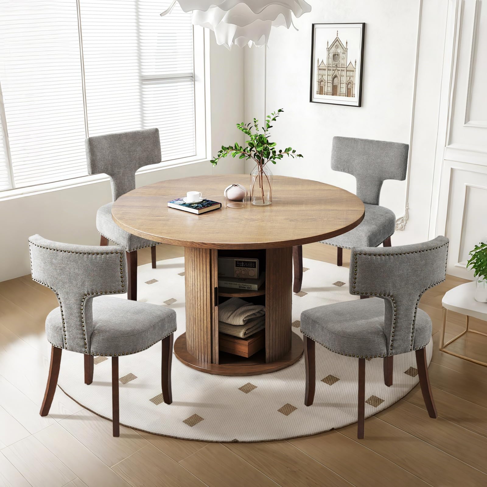 SoarFlash Kitchen Table and Chairs for 4, 47" Dining Table Set for 4 with Velvet Upholstered Chairs, 5 Piece Round Kitchen Table Set, Dining Room
