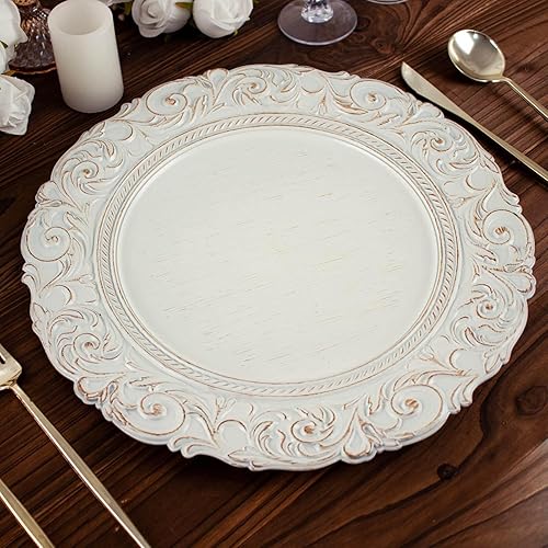 Efavormart - Juego de 6 platos de plástico redondos de 14 pulgadas con borde de diseño barroco grabado para eventos de boda y fiesta