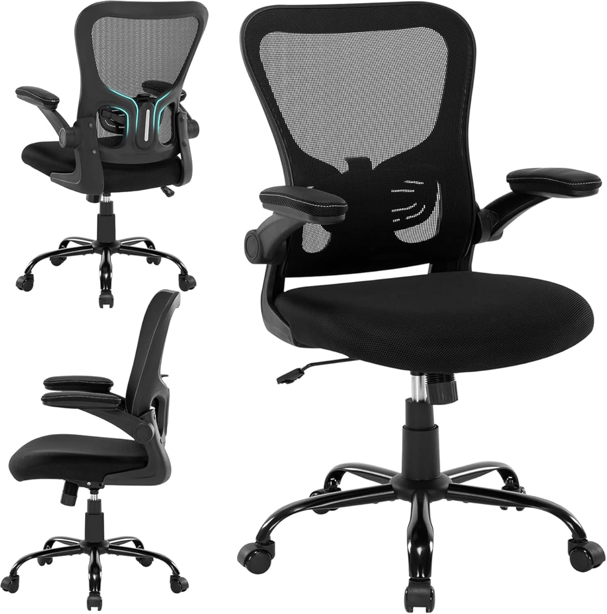Office Chair Ergonomic Desk Chair Mesh Computer Home Office Desk Chair with Adjustable Lumbar Support Flip-up Armrests, 360 Swivel Comfy Task Executive Chair, Black