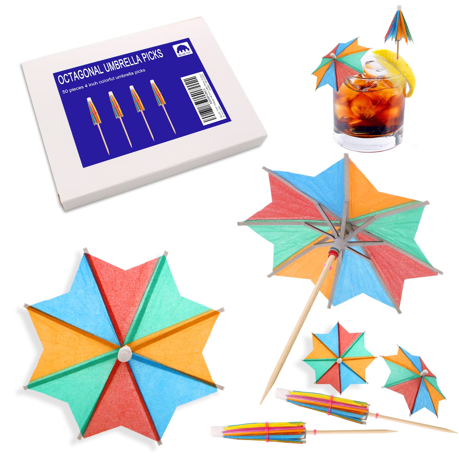 BLUE TOP Cocktail Umbrella Parasol Picks 4 Inch Pack 50 Octagonal Style,Drink Umbrella Toothpicks for Drink&Food, Decorative toothpicks for Party,Hotel, Restaurant,Tiki Bar,Hawaiian Party,Labor Day