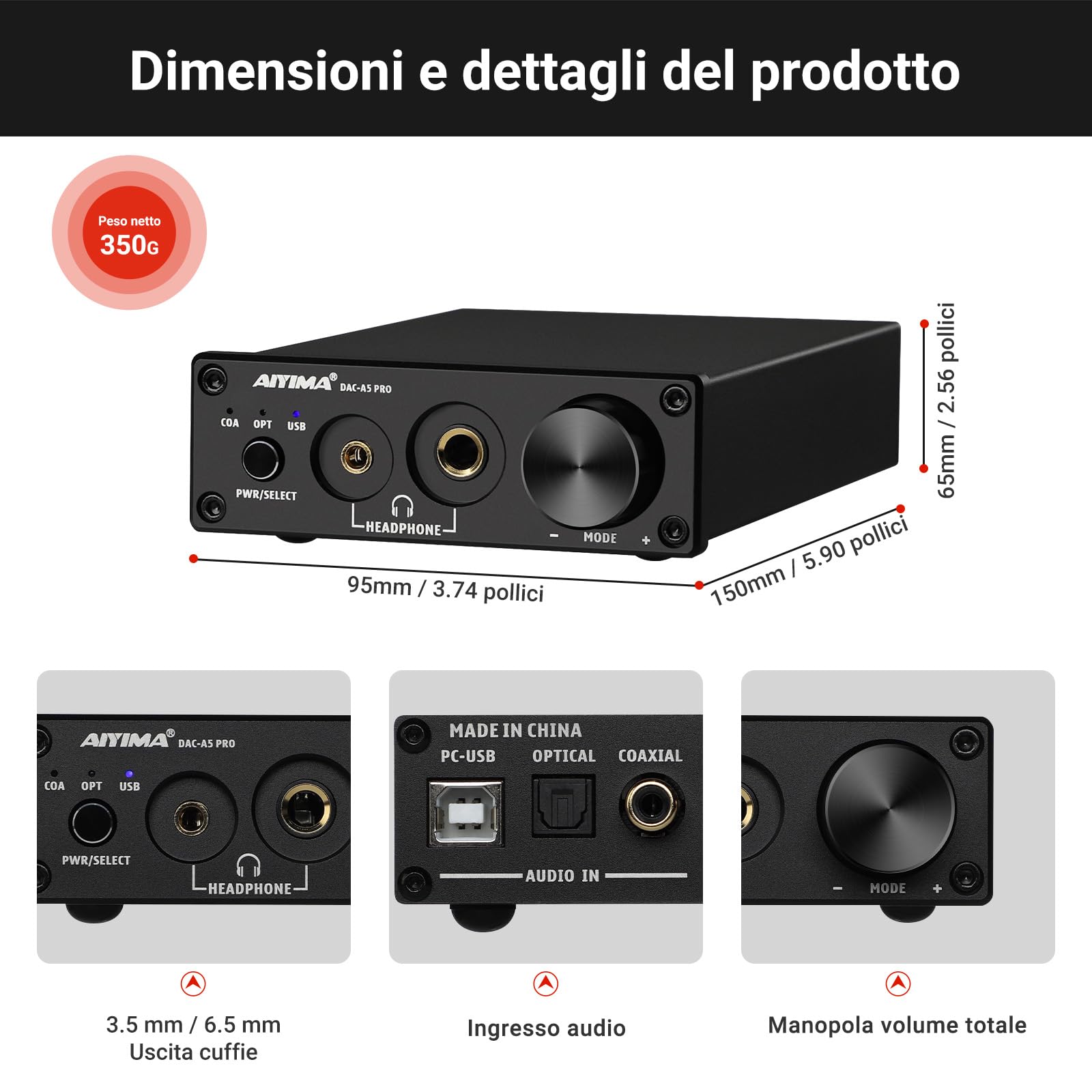 AIYIMA DAC A5 Pro Mini Amplificatore Per Cuffie HIFI USB DAC Decoder Audio 24BIT 192KHz Mini Stereo Decoder con DC12V
