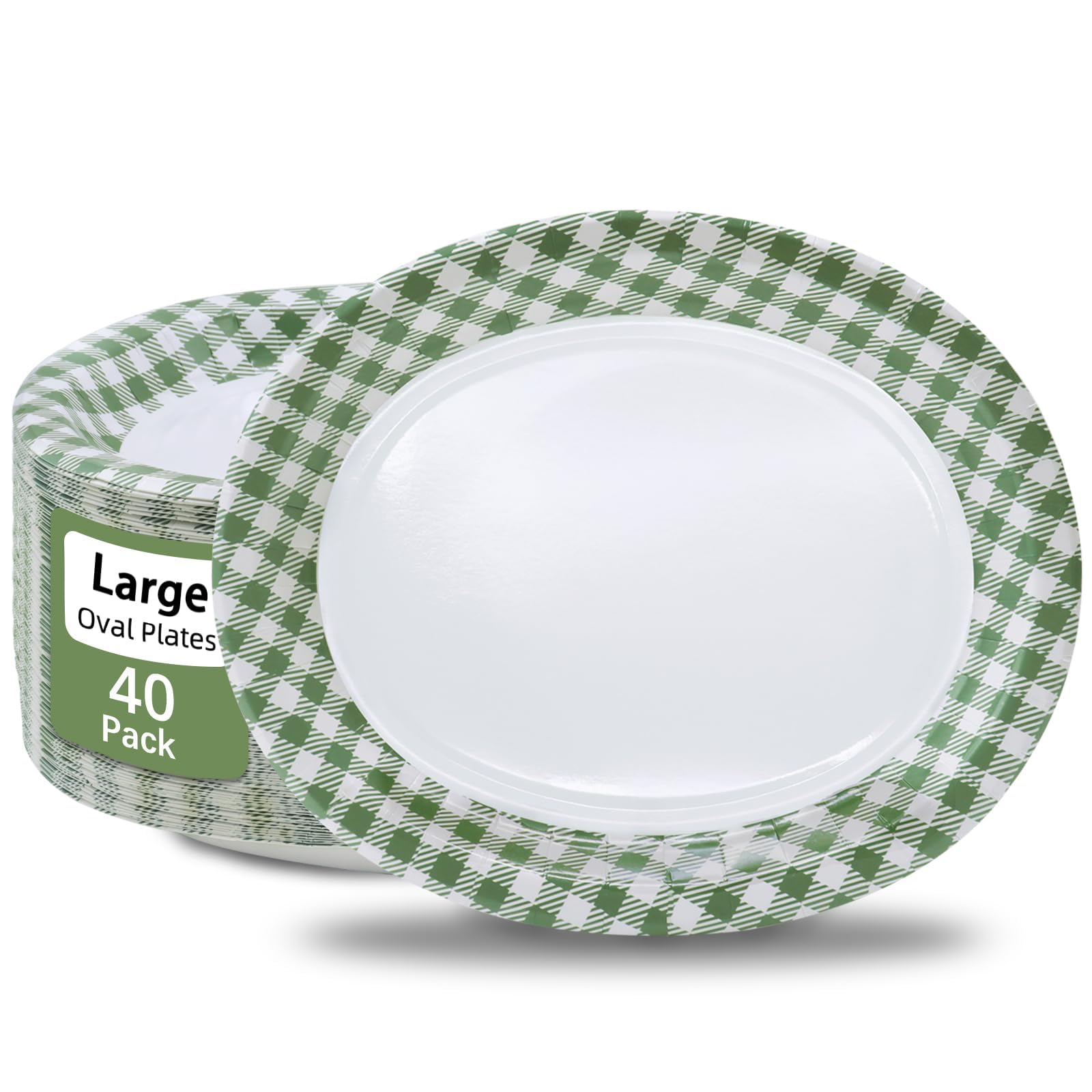 40Pcs Gingham Party Supplies 10"x12" Oval Green Paper Plates - Large Pastel Dinner Plates St Patrick’s Plates Heavy Duty for St Patrick’s Picnic Birthday Baby Shower