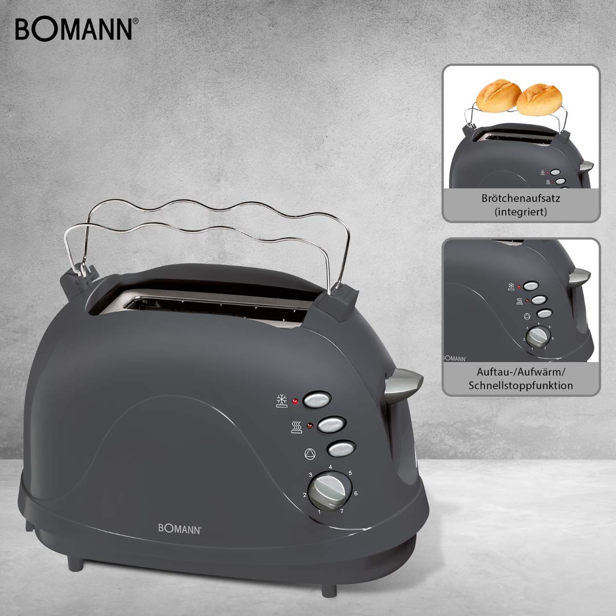 Bomann, TA246CB-gris, Grille Pain, Toaster automatique, Grille-pain à 2 tranches-600/700 W, décongélation, toaster et réchauffage, tiroir ramasse-miettes amovible, Gris