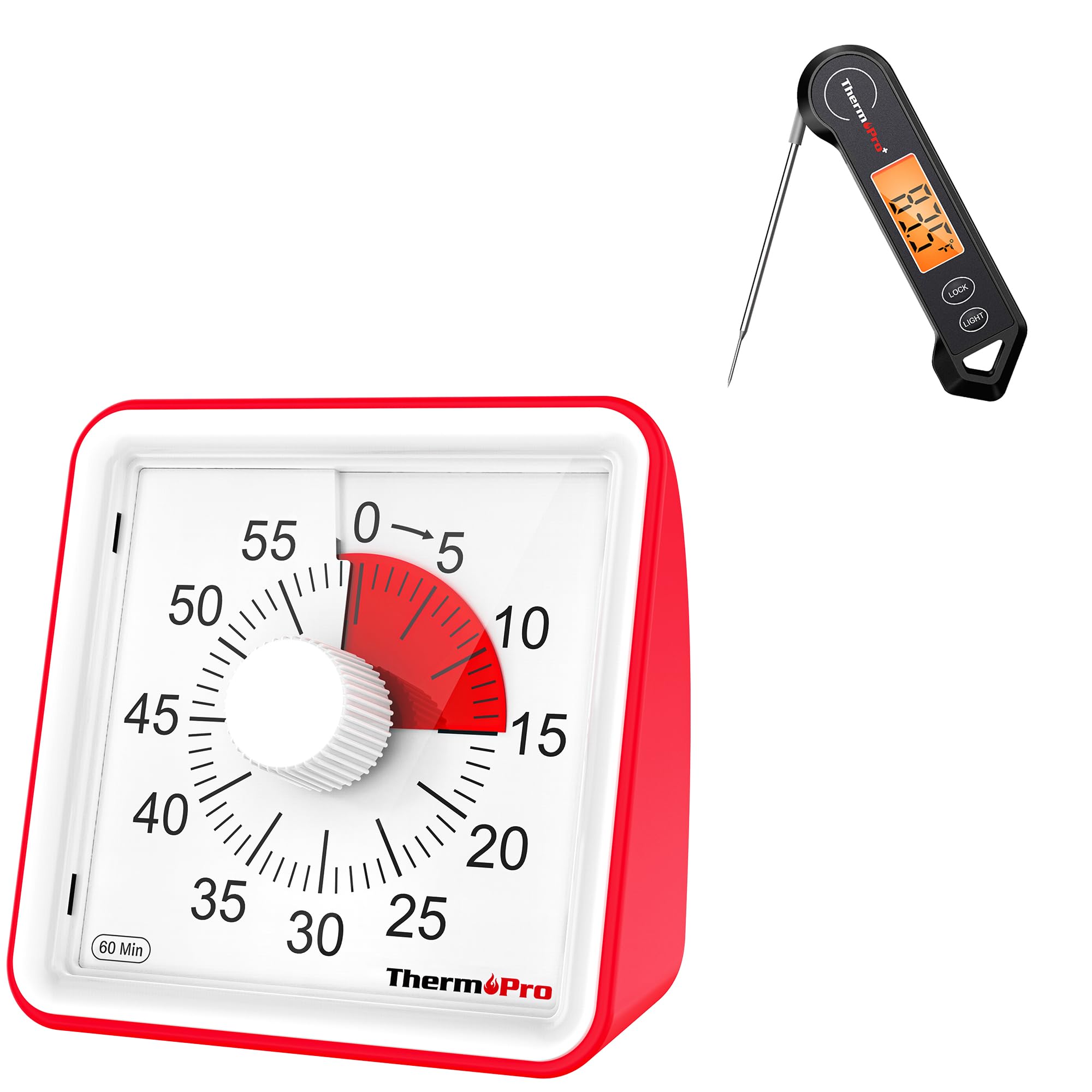 ThermoPro TP19H Waterproof Digital Meat Thermometer for Grilling with Ambidextrous Backlit, Plus ThermoPro 60-Minute Visual Timer for Kids Adults, Pomodoro Timer with Adjustable Alarm & Silent Operat