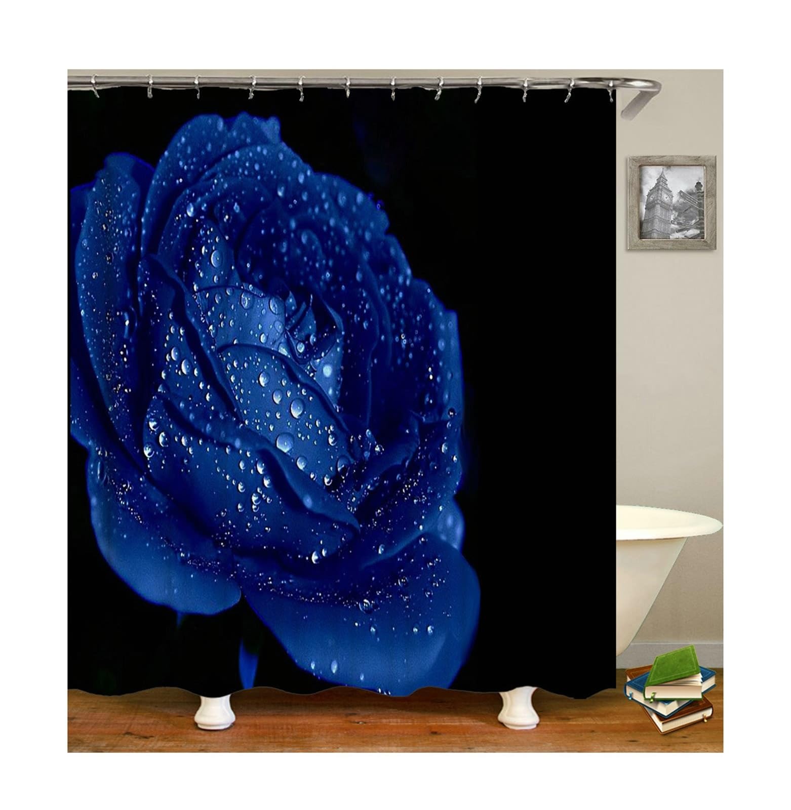 Rideau de douche textile bleu noir au motif de fleurs élégant 120x180