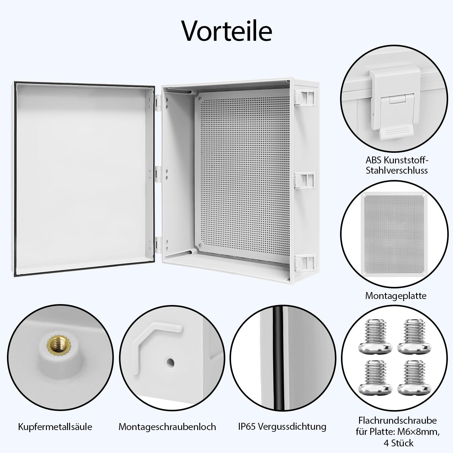 LeMotech Scatola di distribuzione impermeabile, IP65, alloggiamento in plastica ABS, con piastra di montaggio, supporto da parete, coperchio incernierato e connettore impermeabile, 500 × 400 × 200 mm