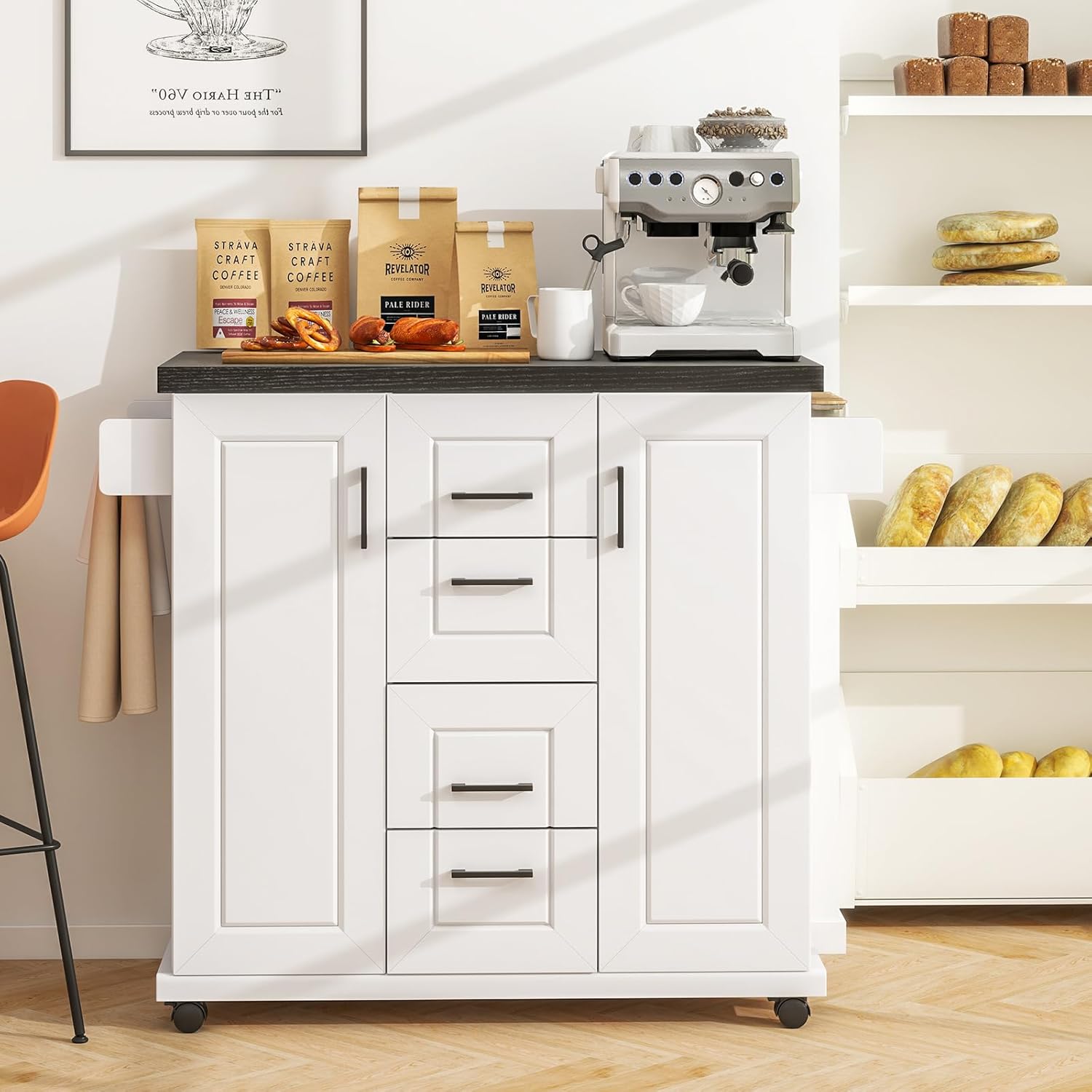 GOFLAME Kitchen Island Cart on Wheels, Rolling Kitchen Cart with Storage Cabinets, 4 Drawers, Towel Rack and Spice Rack, Mobile Serving Trolley Cart for Kitchen, Dining Room, White