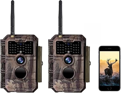 Paquete de 2 cámaras Wifi Trail Wireless Game Hunting Cam 24MP Foto y 1296P H.264 Video con visión nocturna Activado por movimiento IP66 impermeable