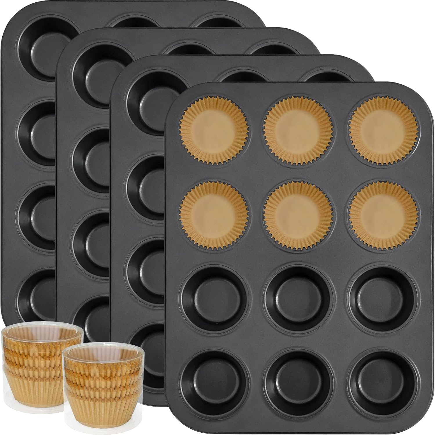 4 Pack Muffin Pan for Baking, Standard Cupcake Pan with 200 Natural Cupcake Liners, Muffin Tin Nonstick 12 Cup, Carbon Steel Muffin Cupcake Tary Baking Supplies