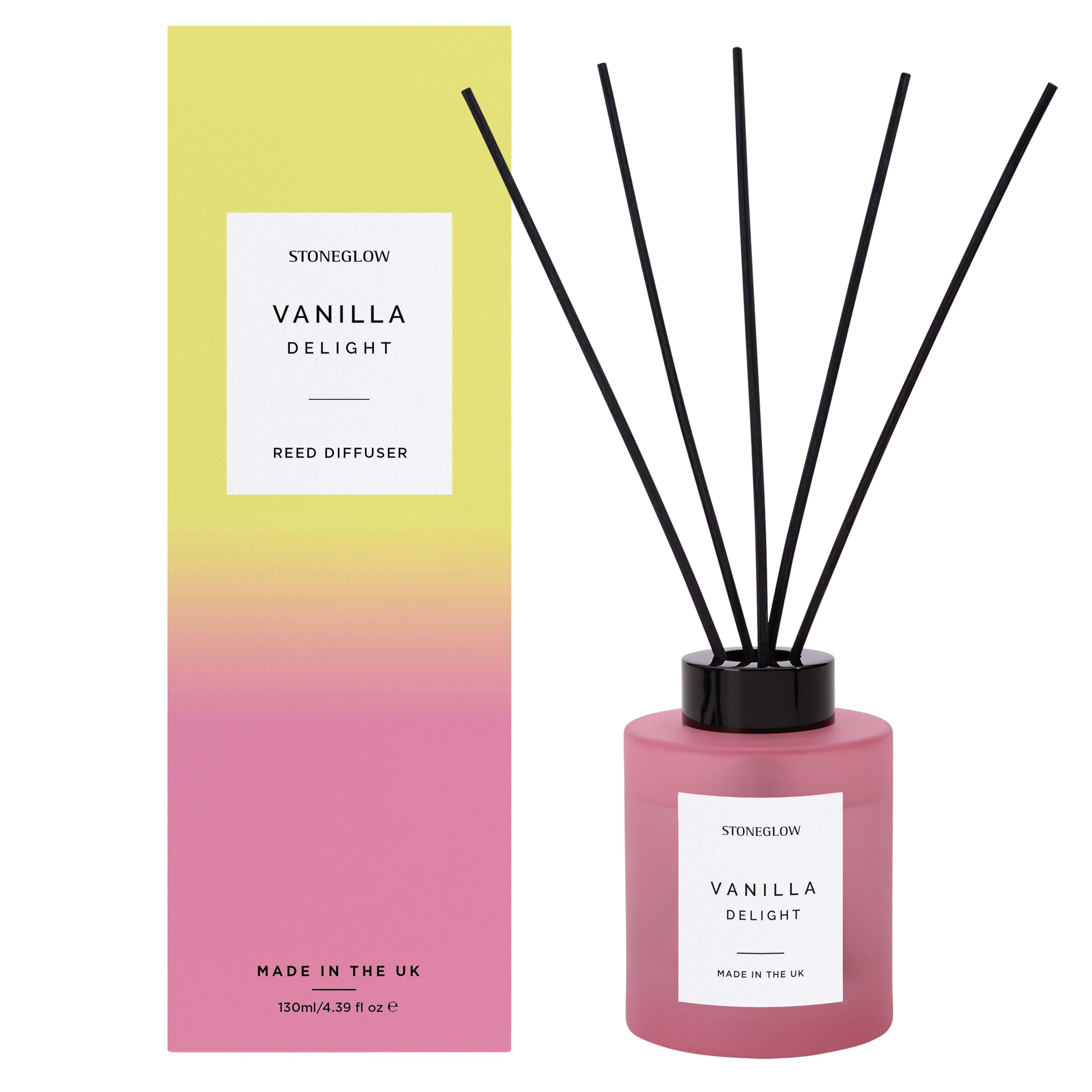 Stoneglow SOL Collection Vanilla Delight Scented Reed Diffuser 130ml with 12 Rattan Reed Sticks - Vanilla, Berries and Pink Rhubarb, Lasts 10 Weeks, Fragranced Home Air Freshener, Refillable