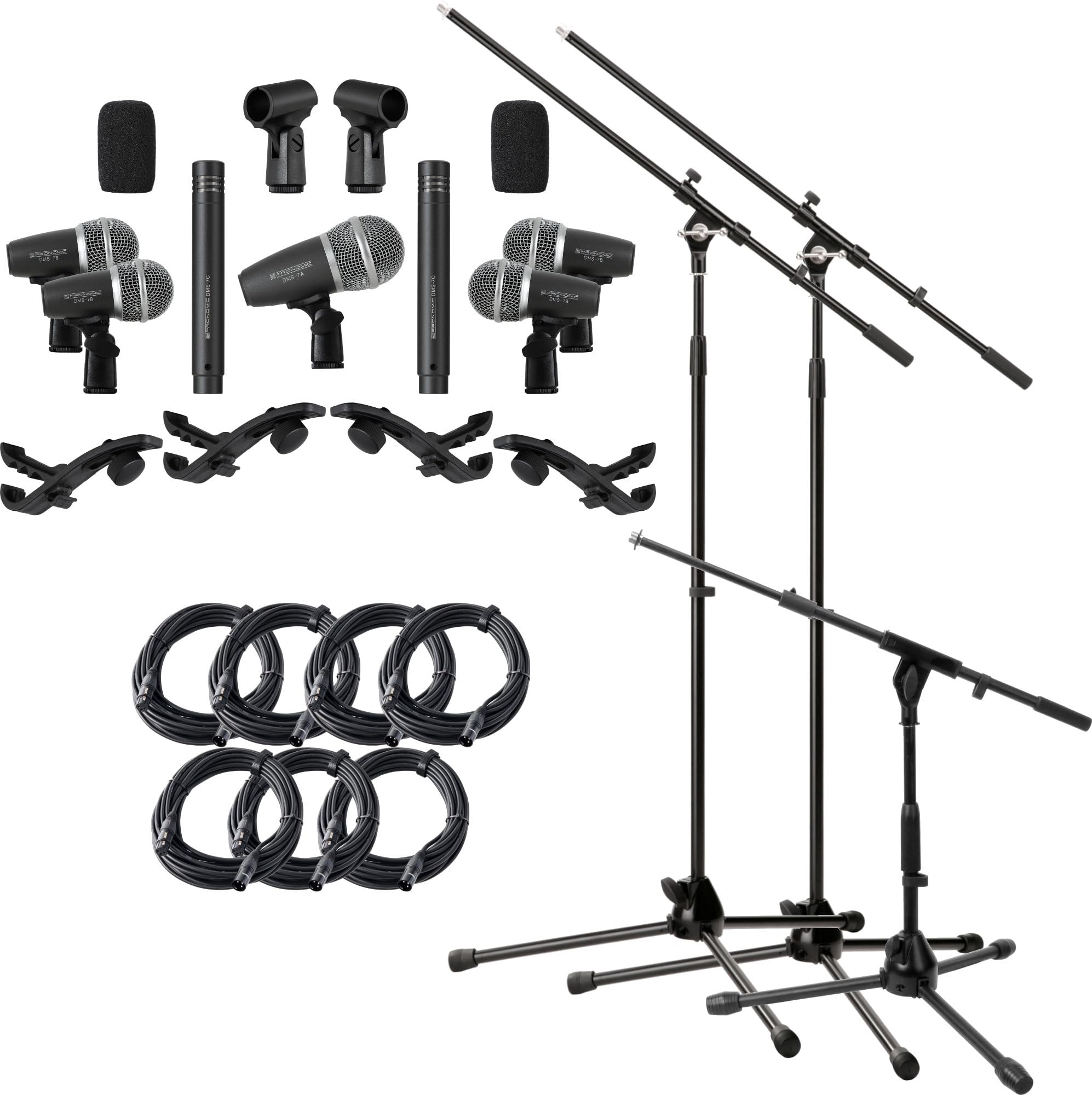 Pronomic DMS-7 Drum Schlagzeugmikrofon Set - 5 dynamische Mikrofone - 2x Kondensator-Overhead Mikrofone - mit 4 Klemmen Im Alu-Koffer - inklusive 3 Mikrofonständer und Mikrofonkabel