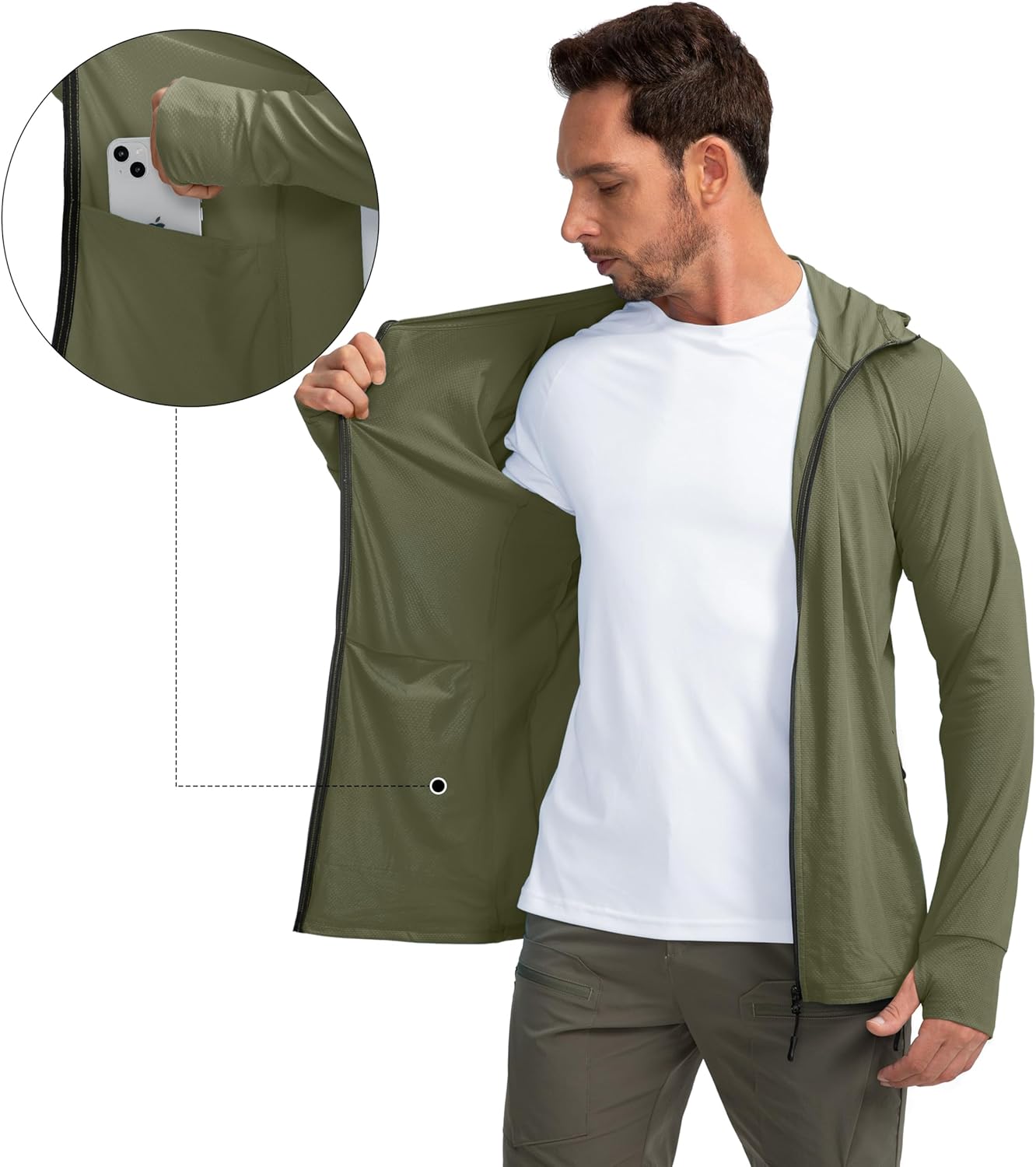 Men's UPF 50+ Light Jacket Full Zip Sun Protection Hoodie Long Sleeve Sun Shirts for Men Hiking Fishing Zip Pockets - Image 5
