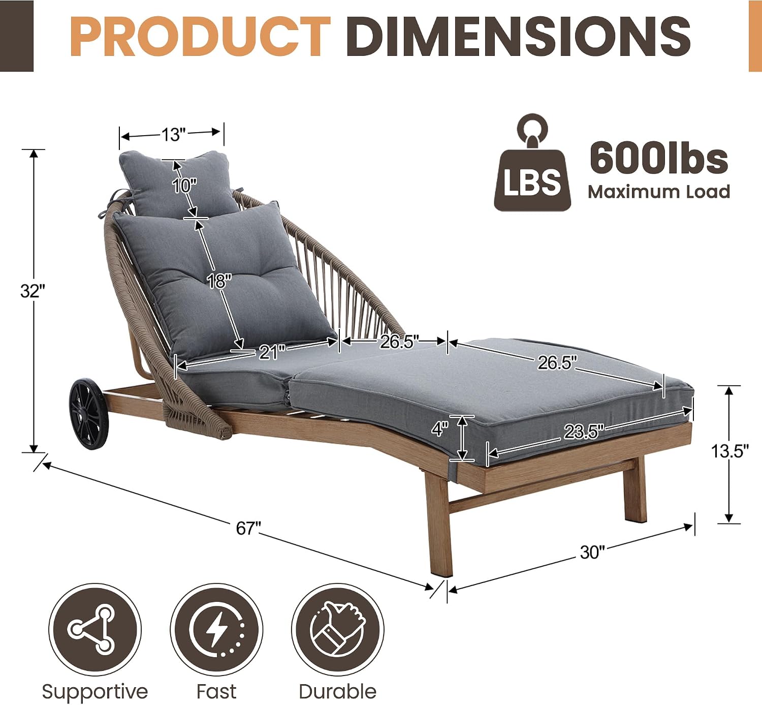 Patio Chaise Lounge Chairs, Oversized Lounge Chair Outdoor with Cushions, Patio Lounger Chairs with Wheels, All Weather Pool Chairs, Wicker Outdoor Chaise Lounge Chairs for Outside/Deck, Grey