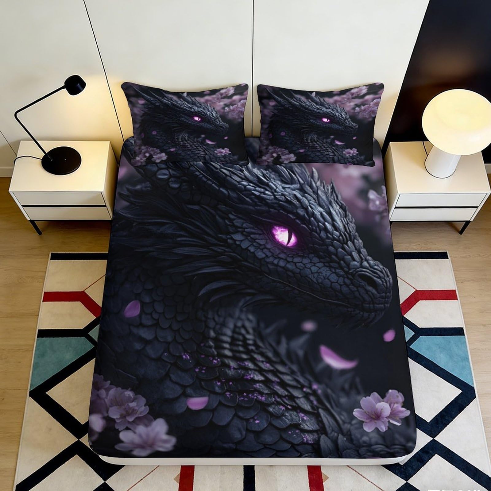 Uynsixtme Style-5 3D Printed Black Dragon Fitted Sheet Microfiber Deep Pocket All Ages Bedroom Bedding Black Dragon Mattress Fitted Cover Washable 200X200x25cm