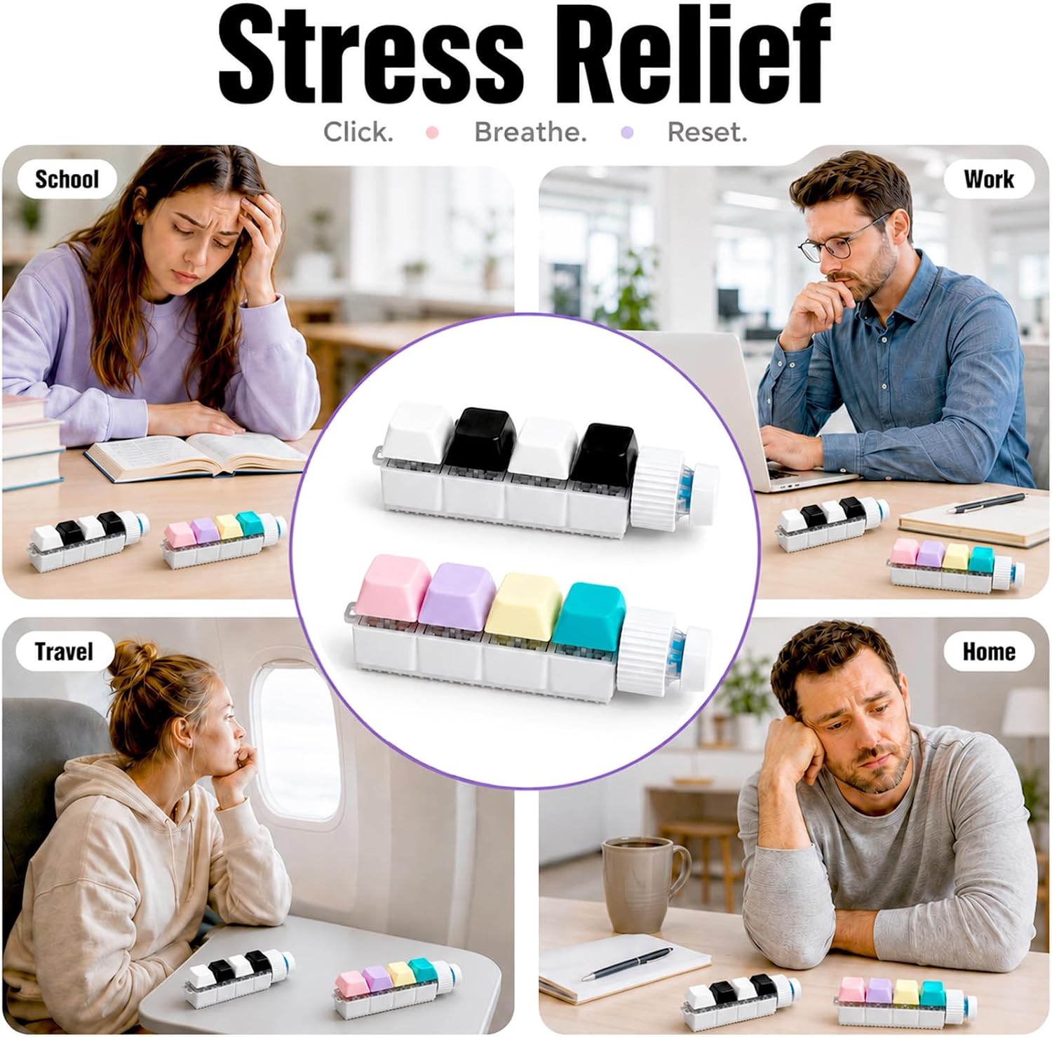 2 Pcs Keyboard Fidget Toys, 7-in-1 Stress Relief Sensory Spin Toy, Portable Decompression Button Finger Clicker Gifts for Adults (01)