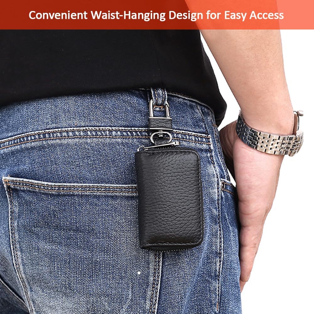 Leather Car Key Case with Zipper, Compact Smart Key Fob Holder with Keychain, Portable Car Key Organizer Pouch