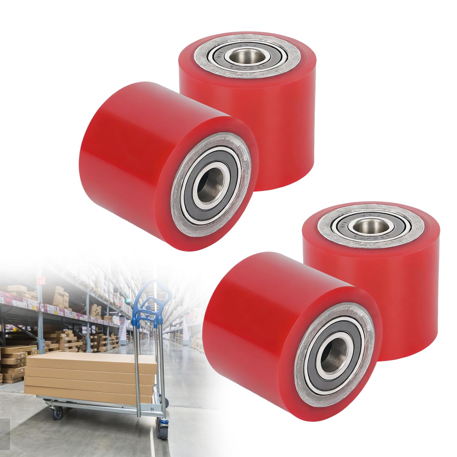 Lot de 4 roulettes de chariot élévateur en polyuréthane 80 x 70 mm - Arbre 20 mm - Roulement à billes inclus - Rouleau de chariot élévateur - Roue de roulement - Rouleau de rechange - Charge maximale