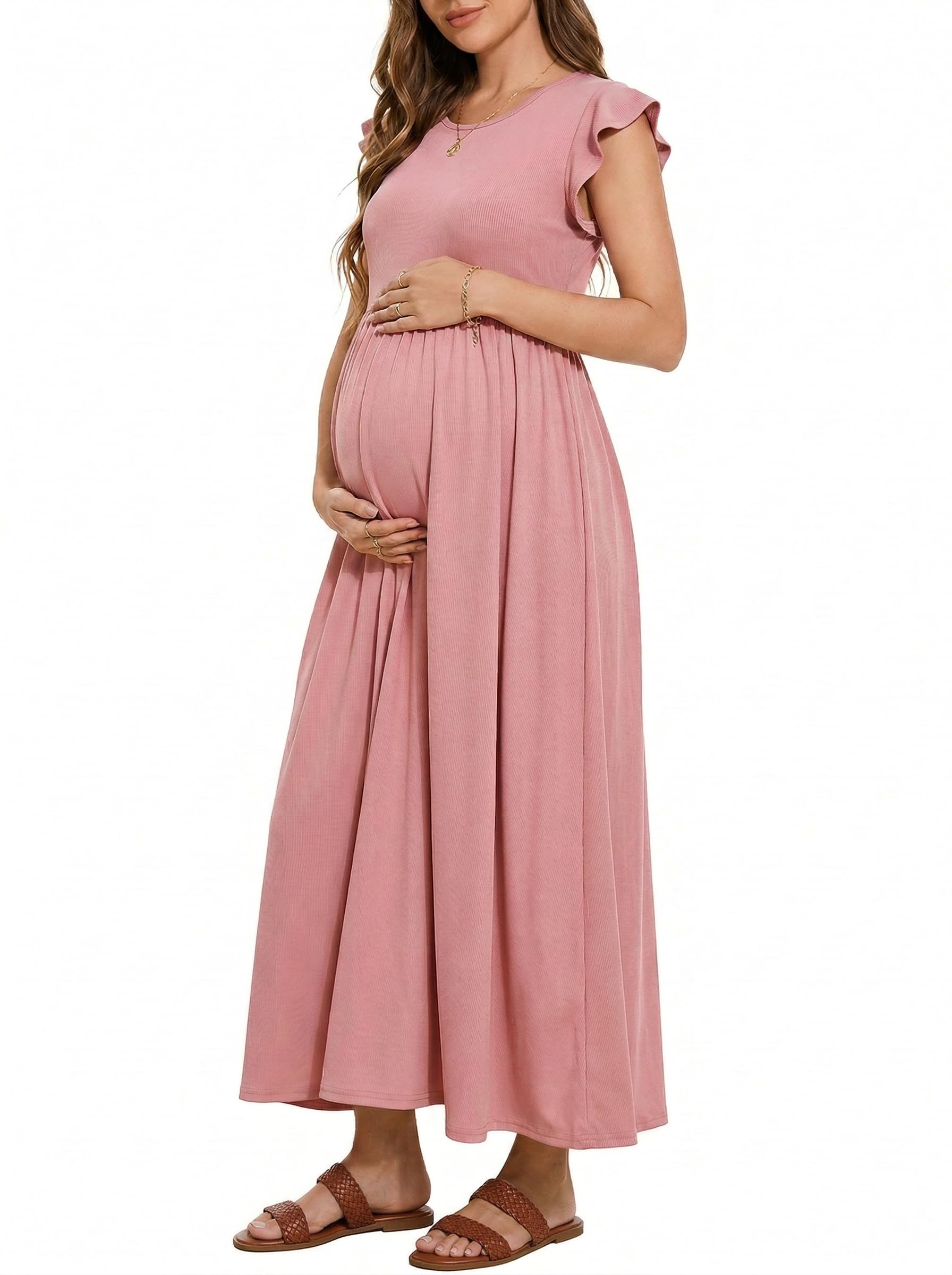 OUGES Women's Ruffle Sleeve Patchwork Maternity Maxi Dress with Pockets