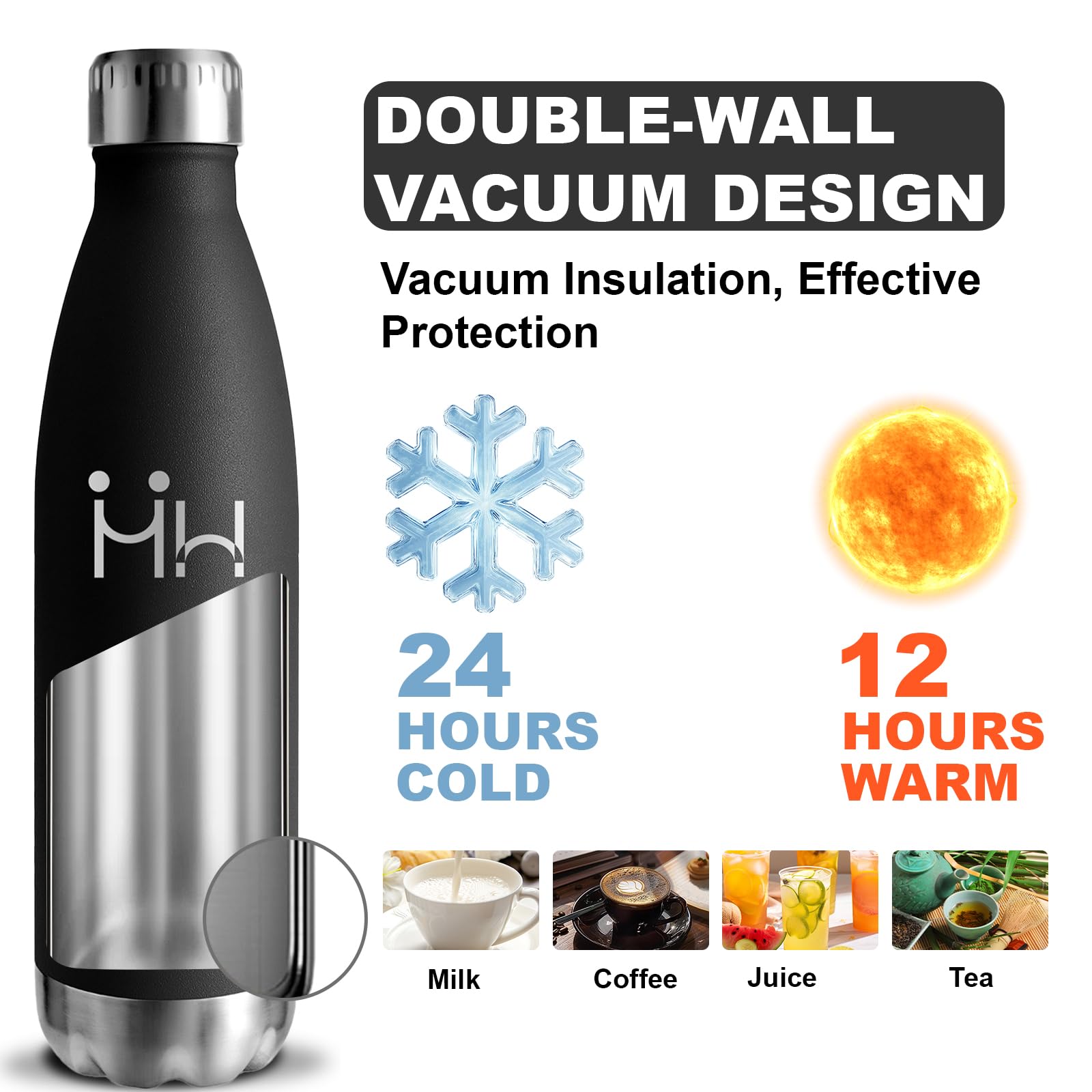 Borraccia Termica, Borraccia 750 ml, Senza BPA, Borraccia Acciaio Inox, Senza Perdite, Borracce Termiche, Isolato Sottovuoto, Borraccia Metallo, Facile da Trasportare, per Scuole, Fitness, Campeggio