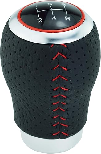 Miniatura 5 de Abfer Pomo de palanca de cambios de cuero de 5 velocidades con adaptadores para la mayoría de vehículos manuales de camiones, color rojo