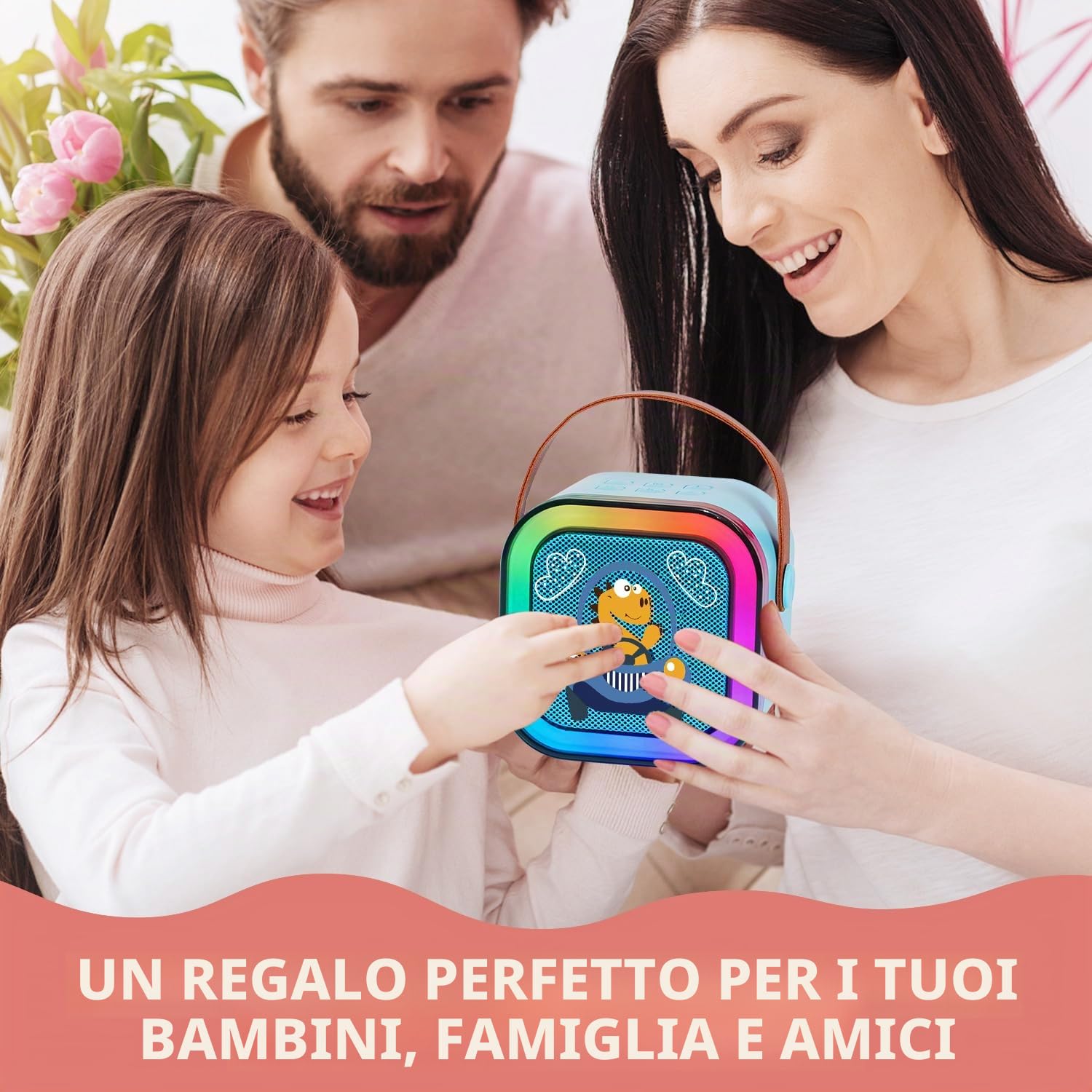 DYNASONIC A29. Karaoke con due microfoni. Altoparlante Bluetooth Karaoke per bambino Giochi elettronici per bambino da 3 a 15 anni (Dinosauro)