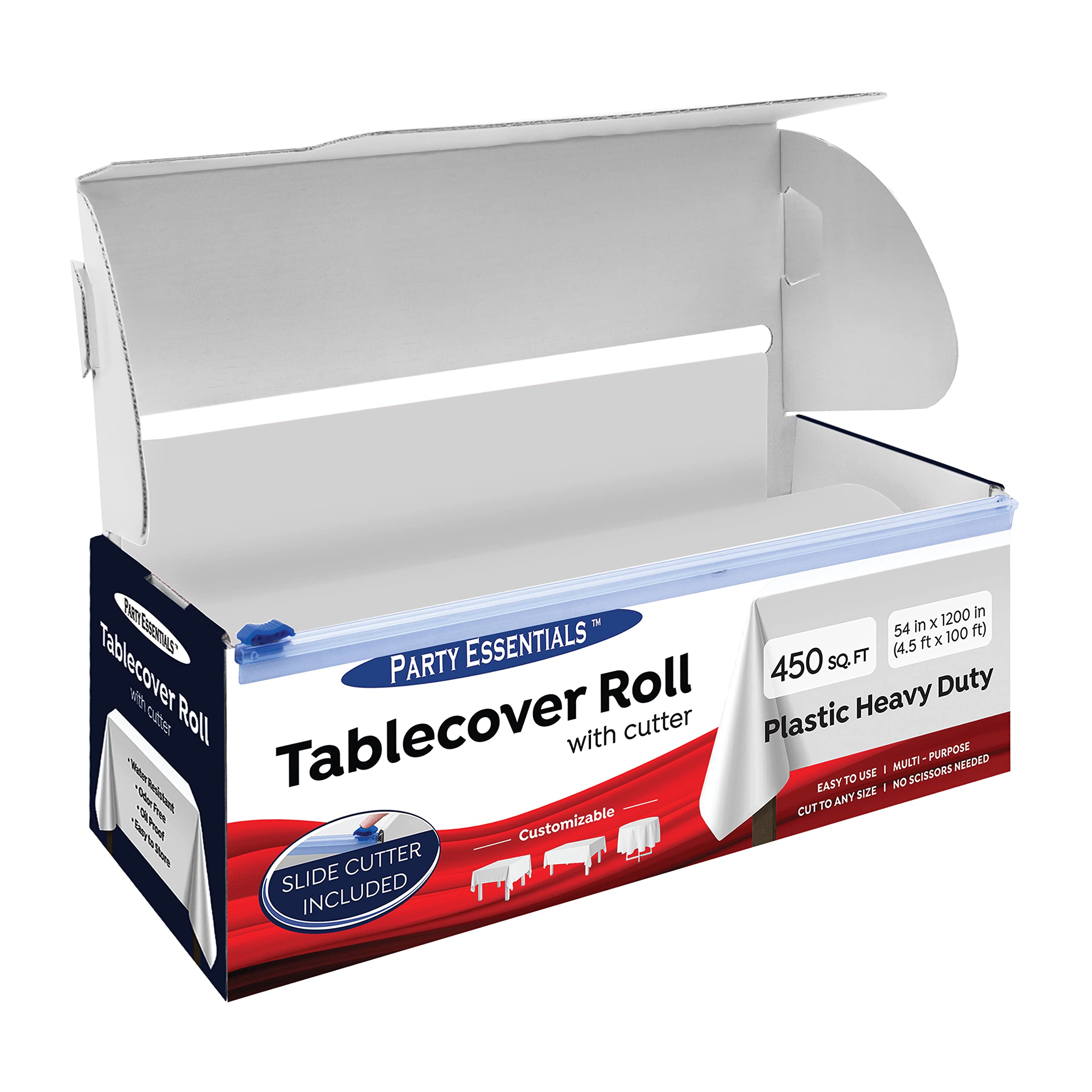 Party Essentials Heavy Duty Plastic Banquet Table Roll Available in 27 Colors, 54" x 100' with Slide Cutter, White, (100WH)