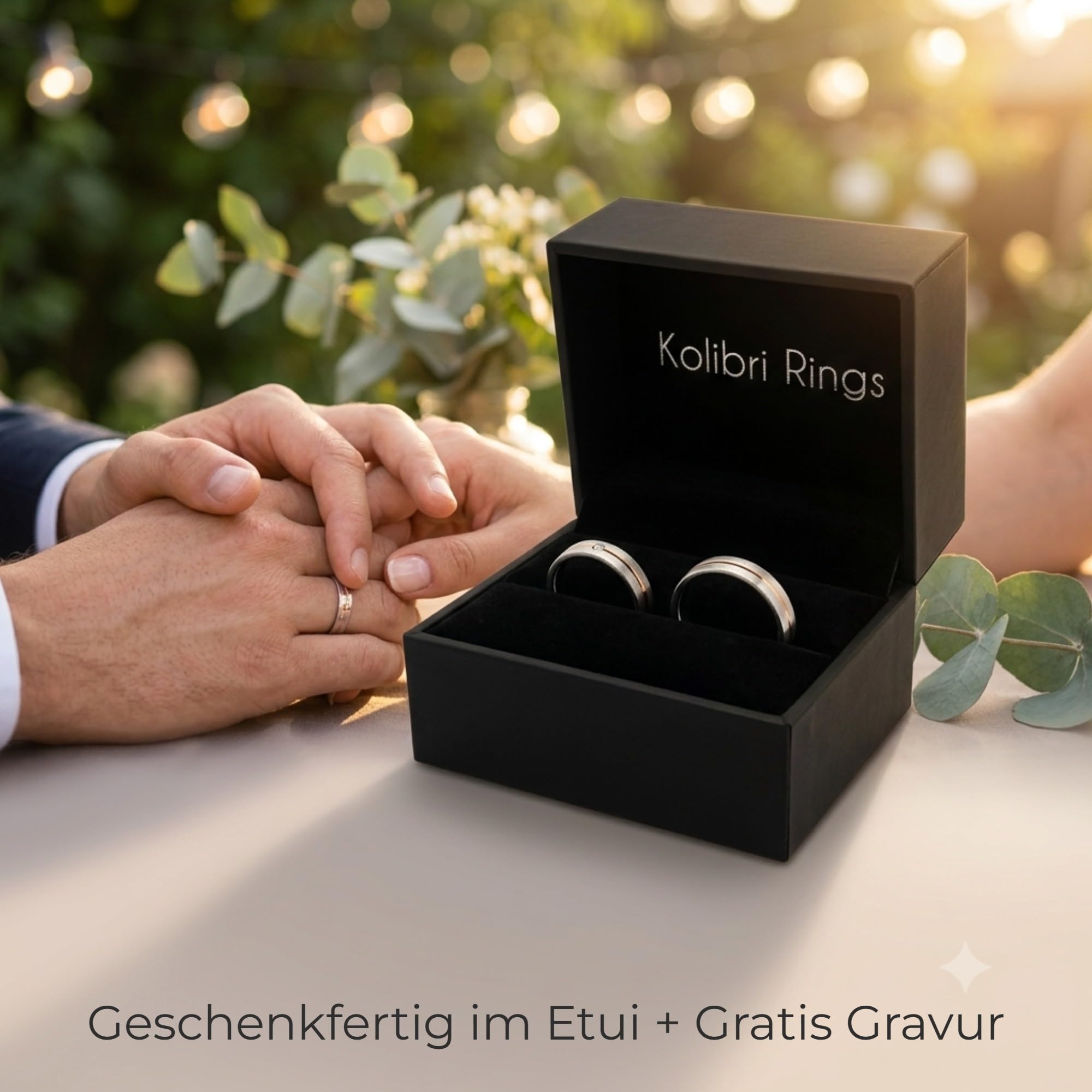 Kolibri Rings Eheringe Paar-Set 925 Silber rhodiniert, Längsmatt Rot vergoldete Glanzfuge mit Zirkonia | Partnerringe, Trauringe Paarpreis | Made in Germany + Gratis Gravur + Etui