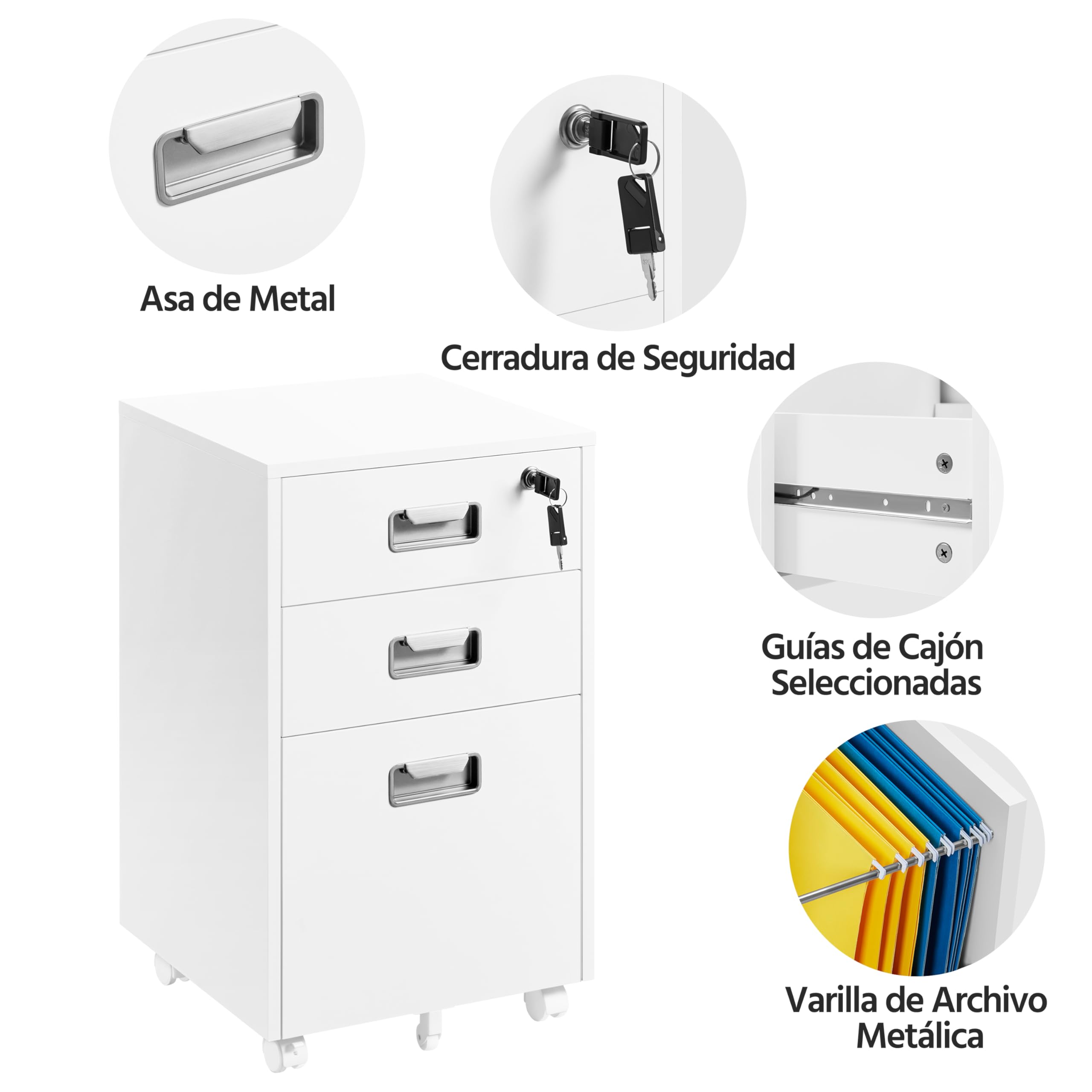 Yaheetech Cajonera de Oficina con Ruedas Gabinete de Oficina con 3 Cajones y Cerradura 40x40x66,5cm Armario Archivador Carpeta de Gran Capacidad para Carta y Archivos A4 Blanco