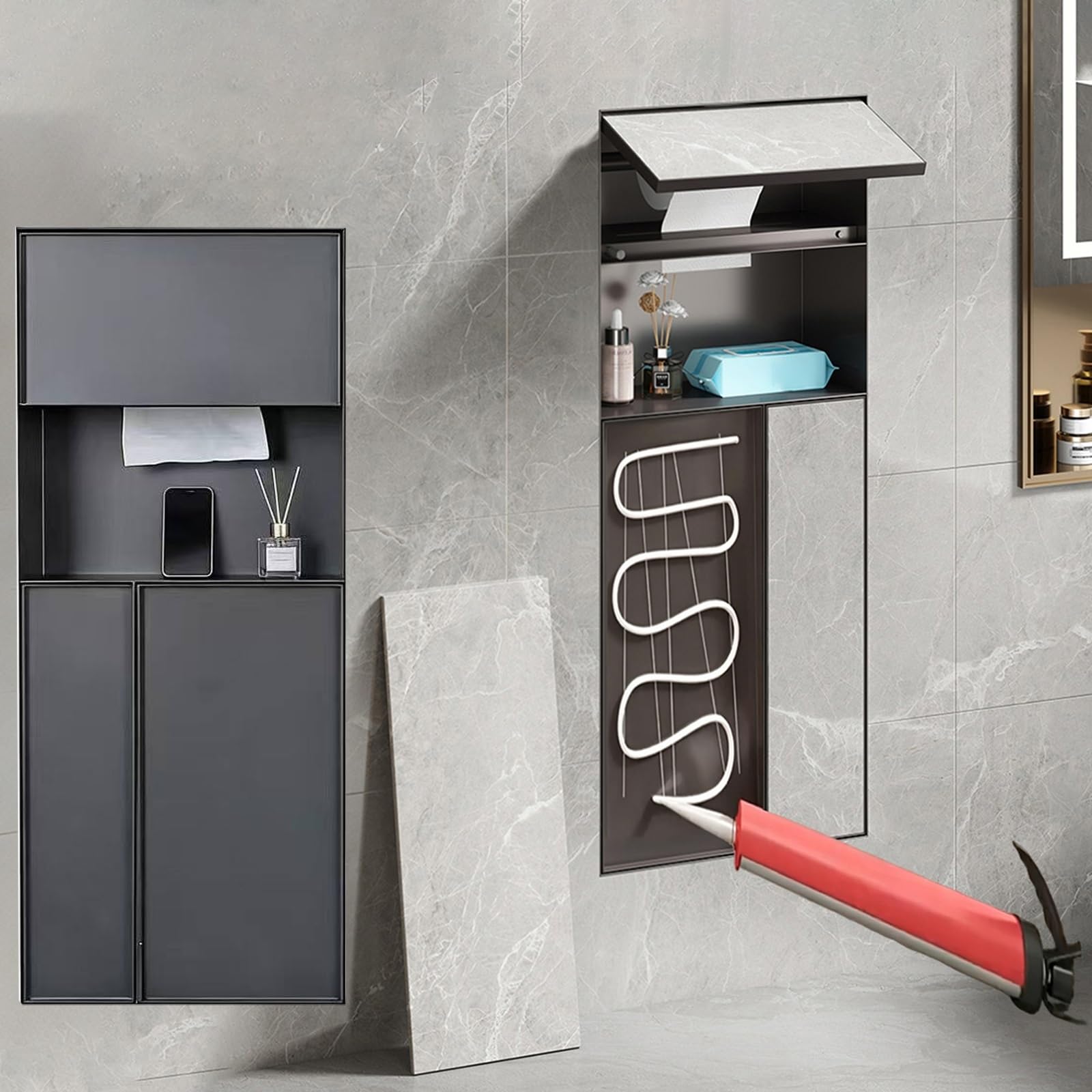 Tileable Toilet Paper Holder Wall Mount, Recessed Bathroom Trash Can with Magnetic Door, 3-in-1 Space-Saving Shower Niche for Restroom Commercial(34x14x79cm)