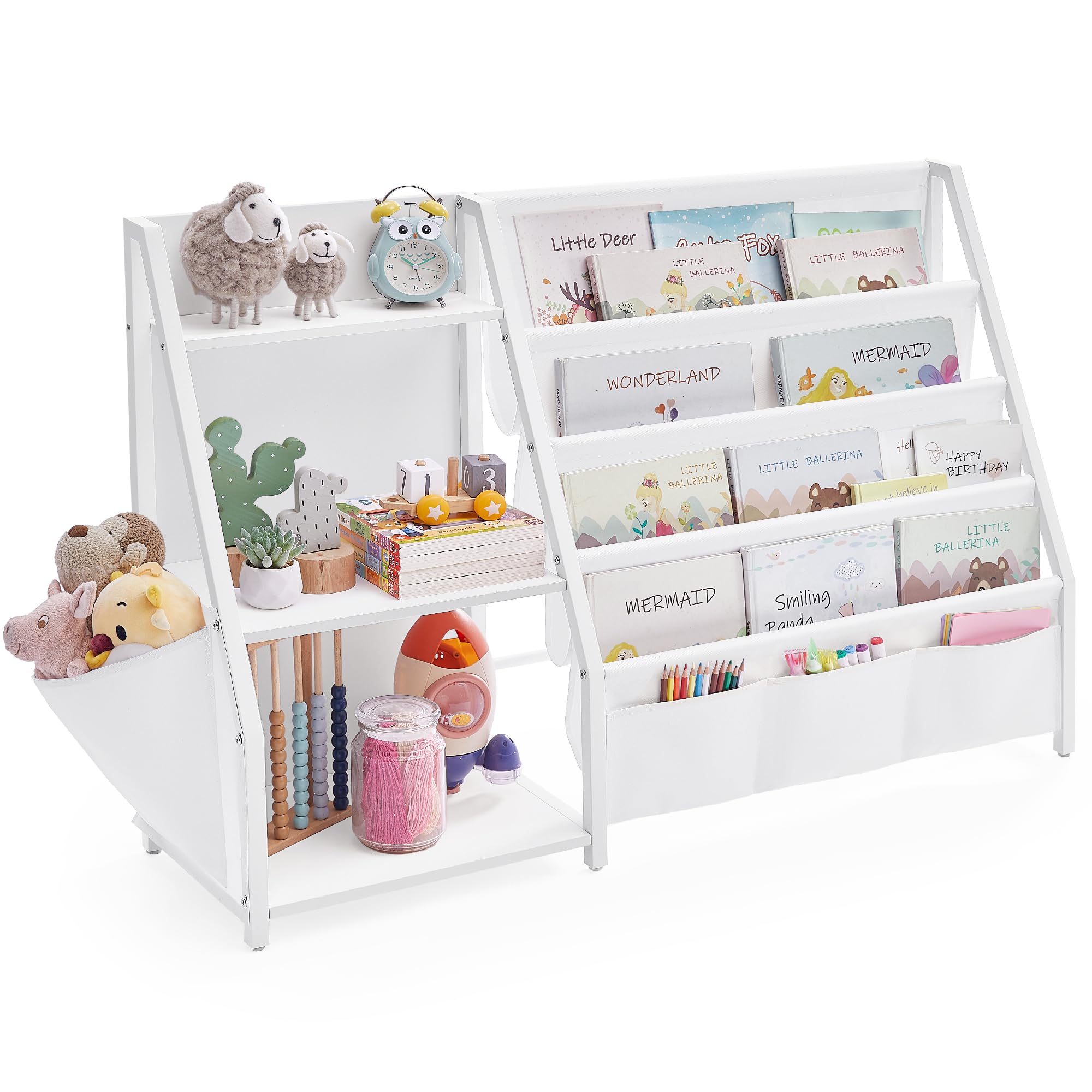 SONGMICS Kids Bookshelf, Toy Organiser, with Side Pocket, 75 cm Tall, for Playroom or Bedroom, White GKR024W01