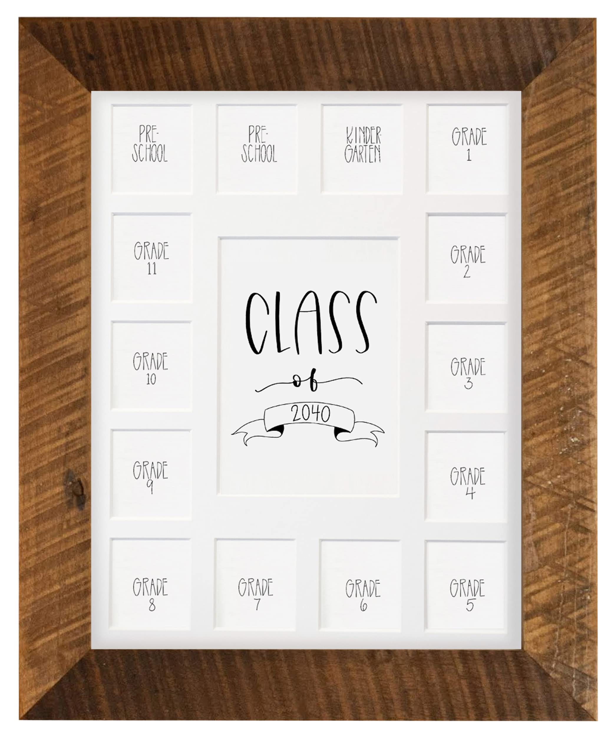 Rustic Red Door Co. School Years Reclaimed Wood Picture Frame with Mat - 11x14 Wooden Framed 15 Photo Collage Mat Pre-School &amp; Kindergarten to 12th Grade (Class of 2040, White)