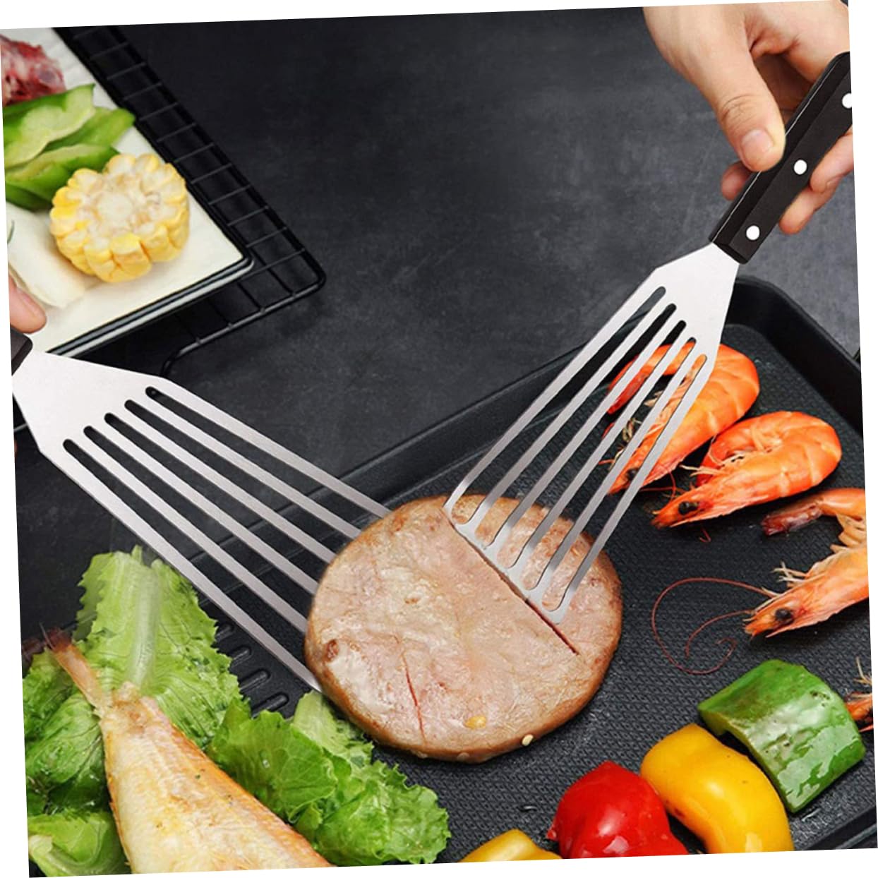 HEMOTON 10piezas Espátula Inoxidable De Doble Para Freír y Voltear De Herramienta De Cocina Para Camping y Restaurantes