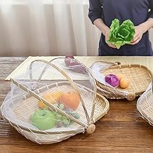 Bamboo Tent Basket Food Serving, Hakily Mesh Cover, Hand Woven Insect Bug Proof, Dustproof Fruit Vegetable Bread Storage Container for Picnic, Outdoor, Home Drying