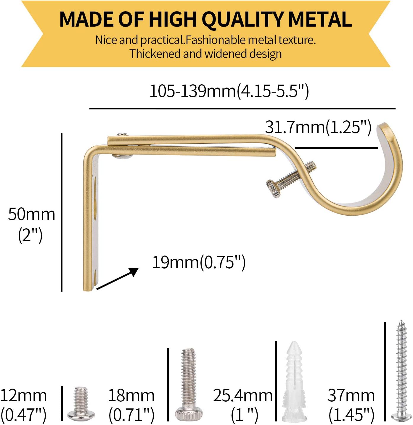 Ycolnaefllr Golden Curtain Rod Brackets, Set of 2 Heavy Duty, Fits 1" Rod | Gold brackets set of 2 for 1" rods. Heavy-duty steel holds 30 lbs. Adjustable fit. Perfect for living room. Easy install.