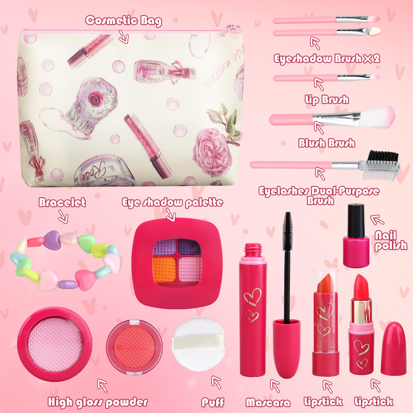 Woumserta Girl Gifts Basic Pretend Makeup for Little Girls 1-3 3-5, Play Makeup for Kids 3-5 1-3, Fake Makeup Set Toys for 2 3 4 5 6 7 Year Old Girls, Toddler Makeup Kit with Fake Make up Toys Gifts