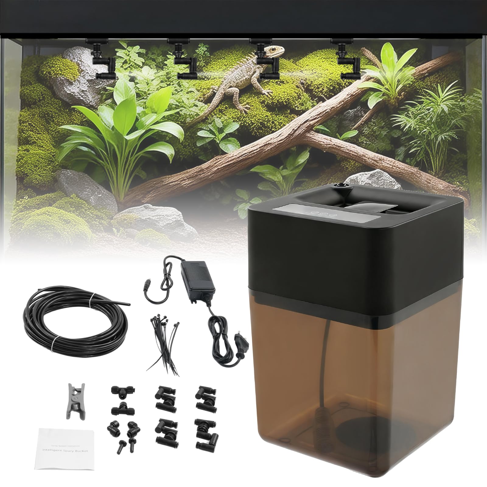 Spruzzatore automatico con timer, meccanismo a spruzzo rettile, impianto di spruzzatura terrario, testine di spruzzatura a 360°, serbatoio acqua da 12 l, con ugelli regolabili