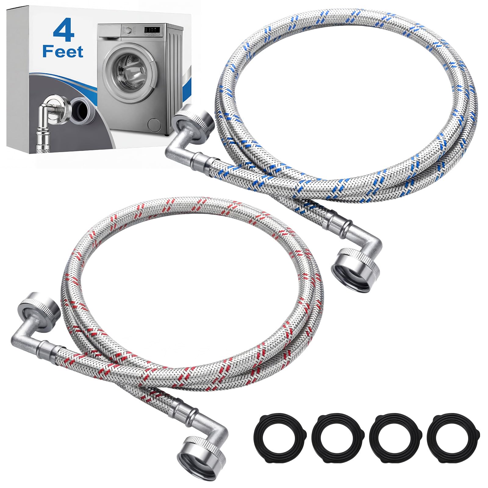 Otoolling 2 Pack 4ft Stainless Steel Washing Machine Hose with Double 90 Degree Elbow for Tight Spaces Proof Hot and Cold Water Supply Hoses 3/4" FHT Connectors for Wash Machines