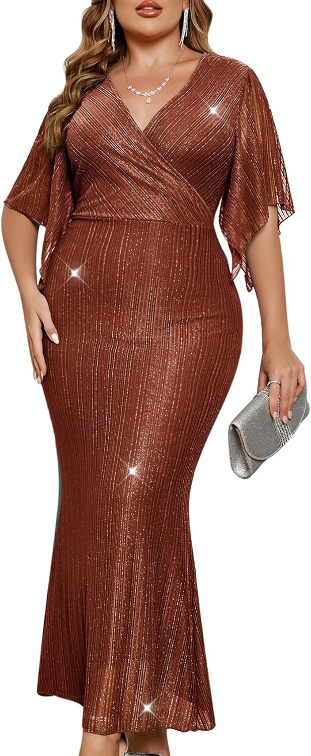 ZOMVA Plus Size Maxi Formal Dress Sparkly V-Neck Mermaid Wrap Evening Gown Cocktail Prom Glitter Handkerchief Sleeves