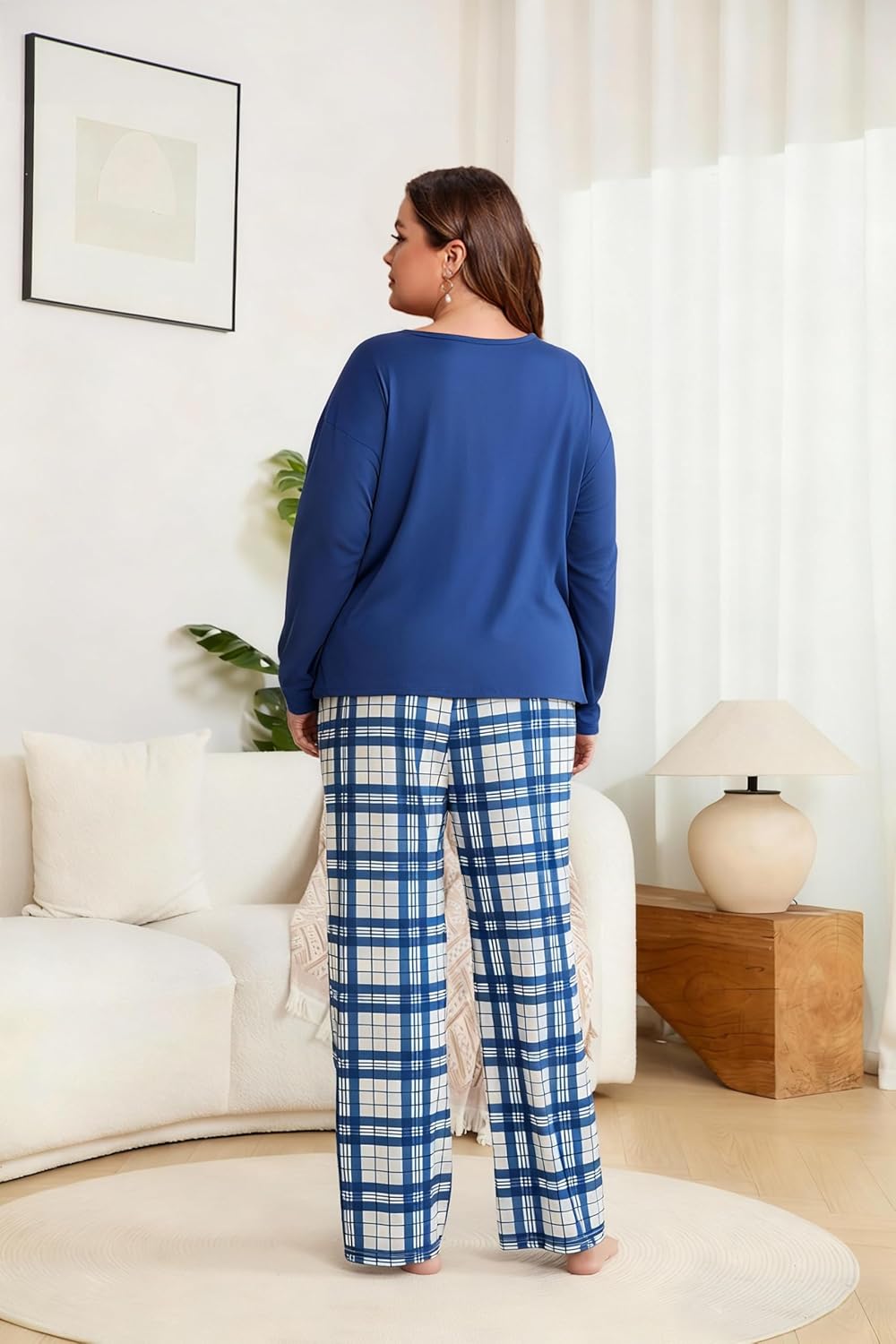FLYCURVY Women's Pajama Sets 2 Piece Long Sleeve Sleepwear Soft Pj Set Loungewear Plaid Pjs with Pockets - Image 3